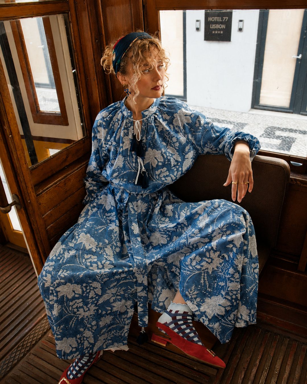 Maxi Kaftan in Blue Sky Print With White and Blue Tassels - PRE ORDER