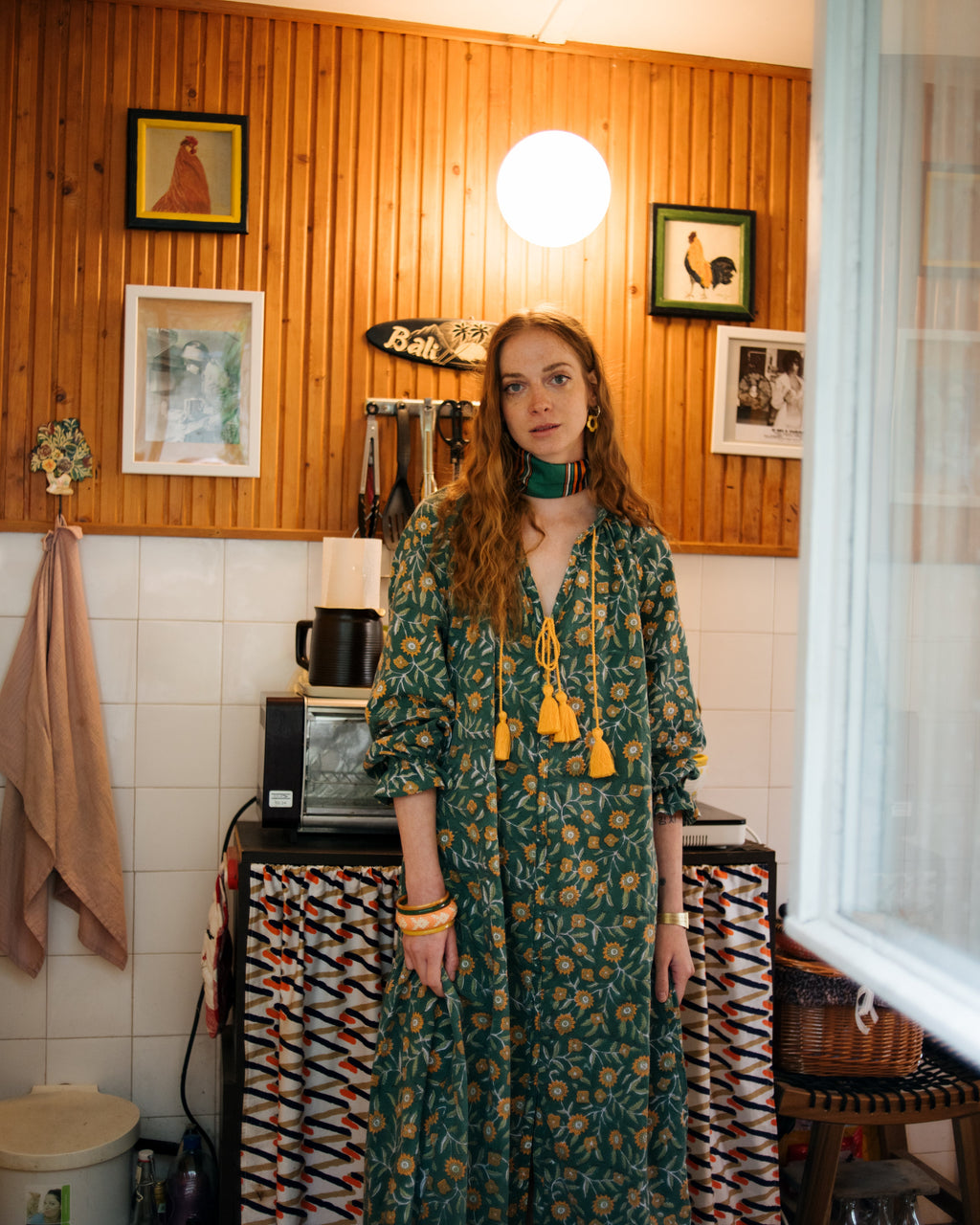 Block Print Maxi Kaftan Dress Summer Green