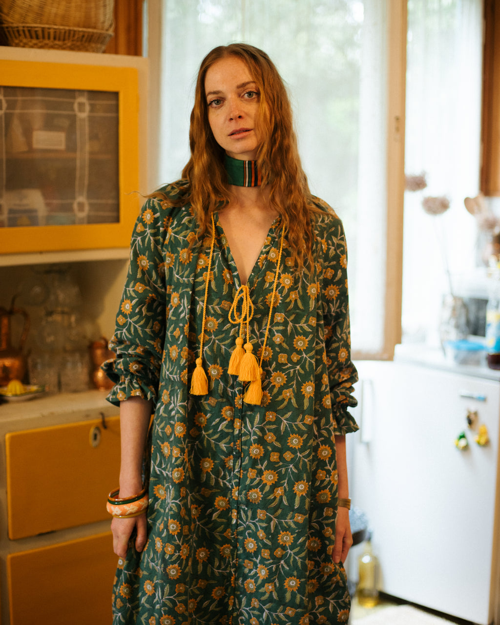 Maxi Kaftan in Blooming Bohemian Print With Yellow Tassels - PRE ORDER