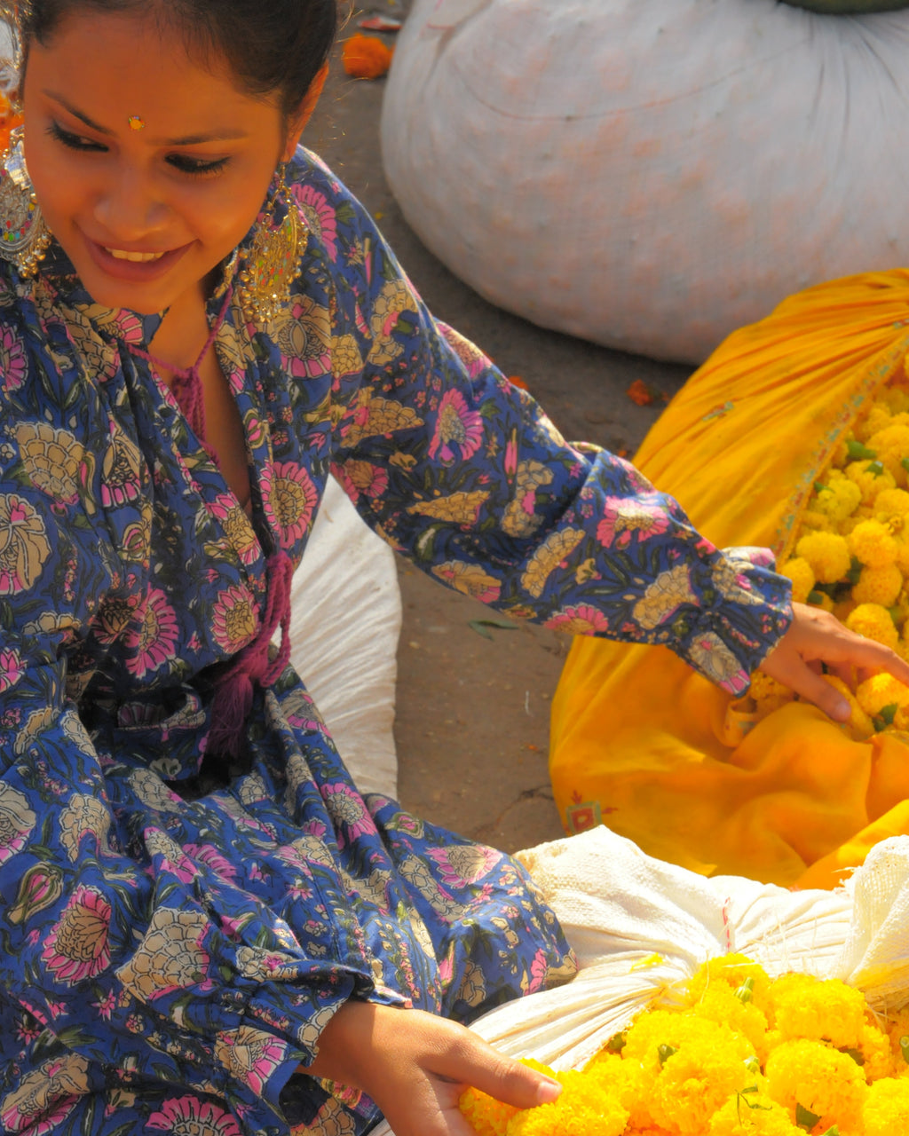Jaipur Blossom Print With Pink - Purple Tassels