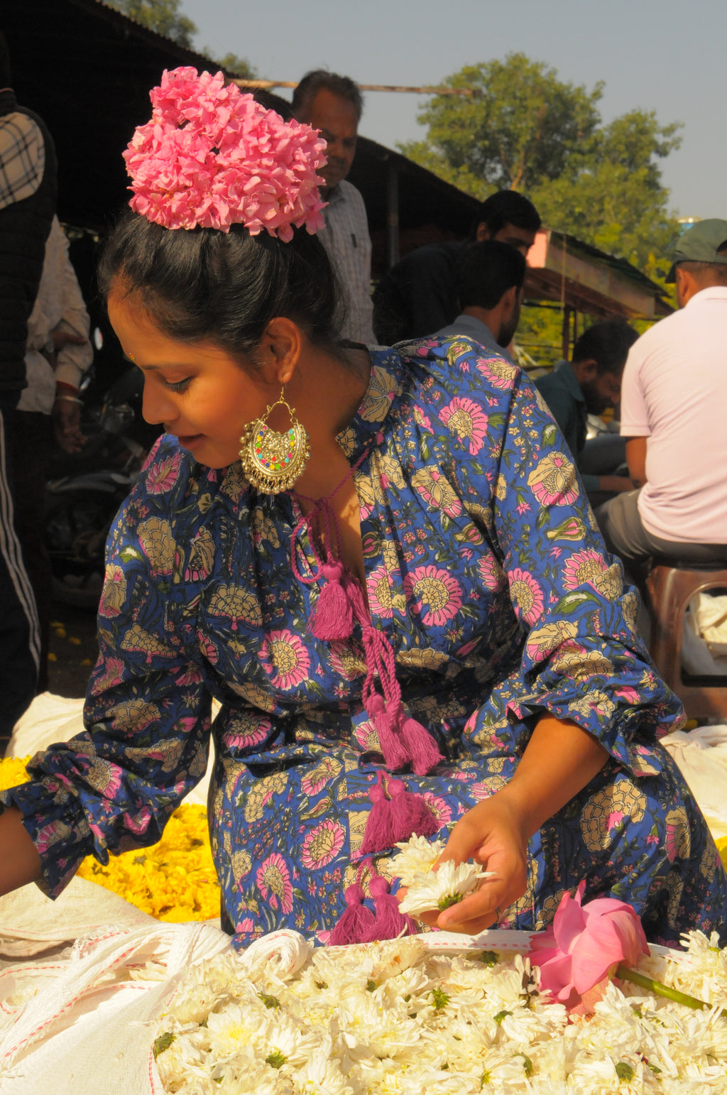 Jaipur Blossom Print With Pink - Purple Tassels