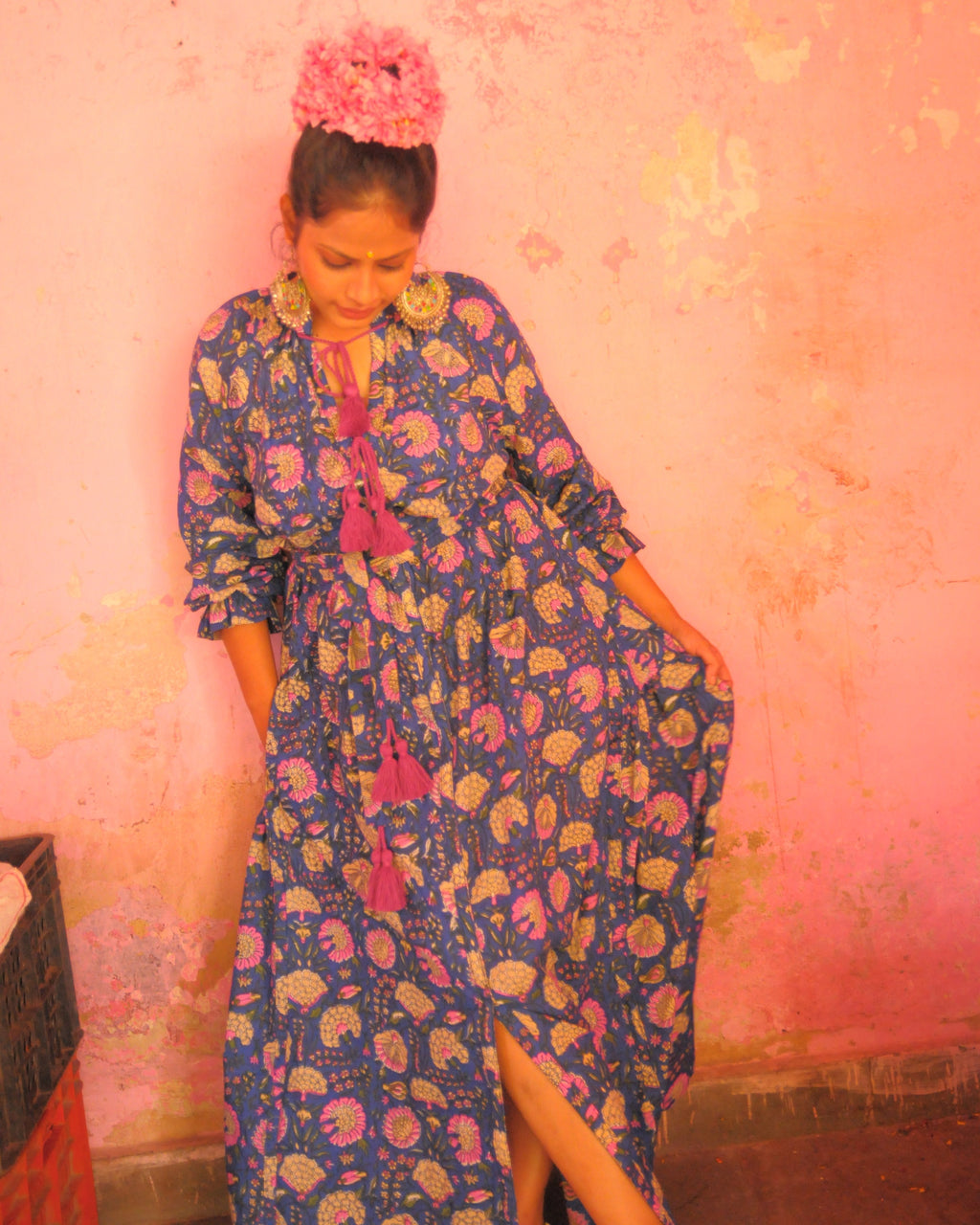 Jaipur Blossom Print With Pink - Purple Tassels