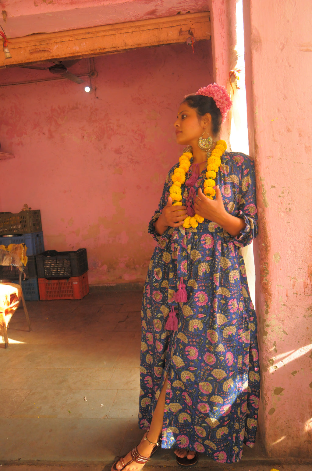 Jaipur Blossom Print With Pink - Purple Tassels