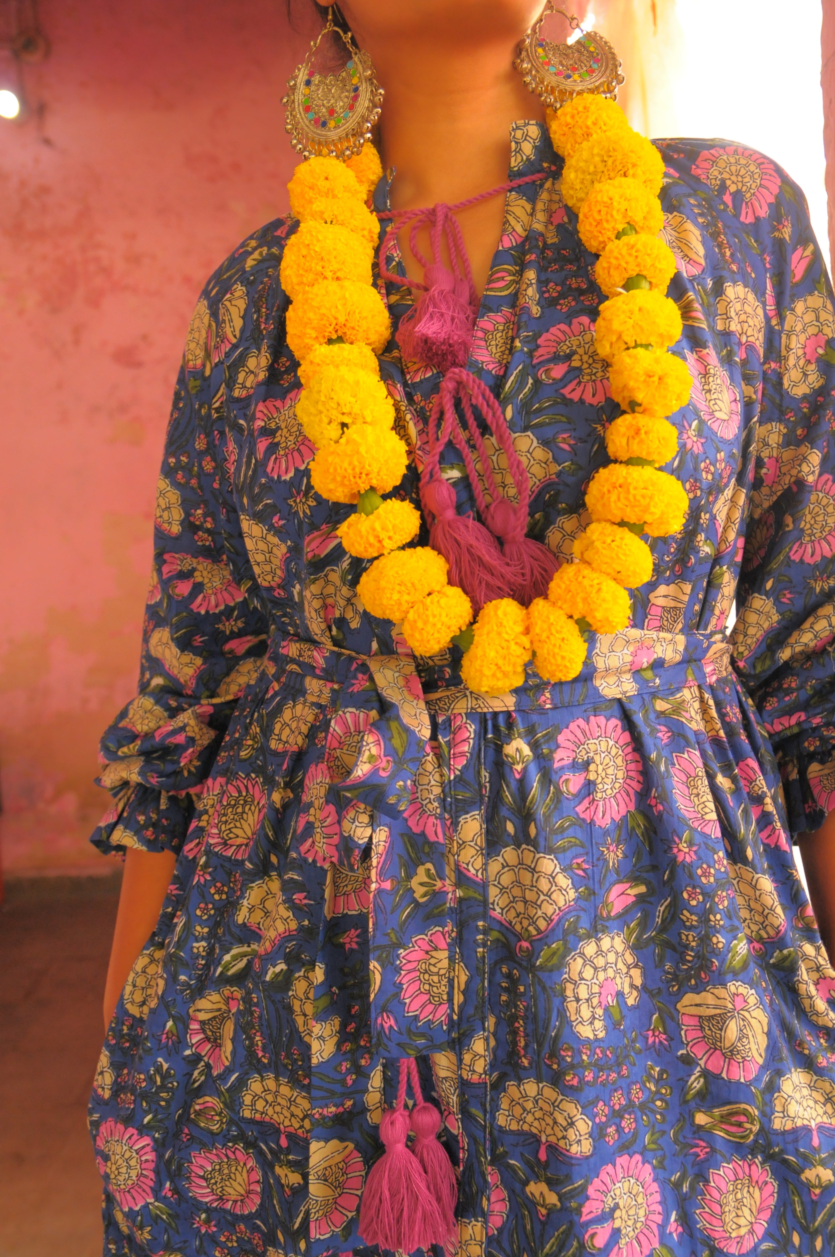 Jaipur Blossom Print With Pink - Purple Tassels