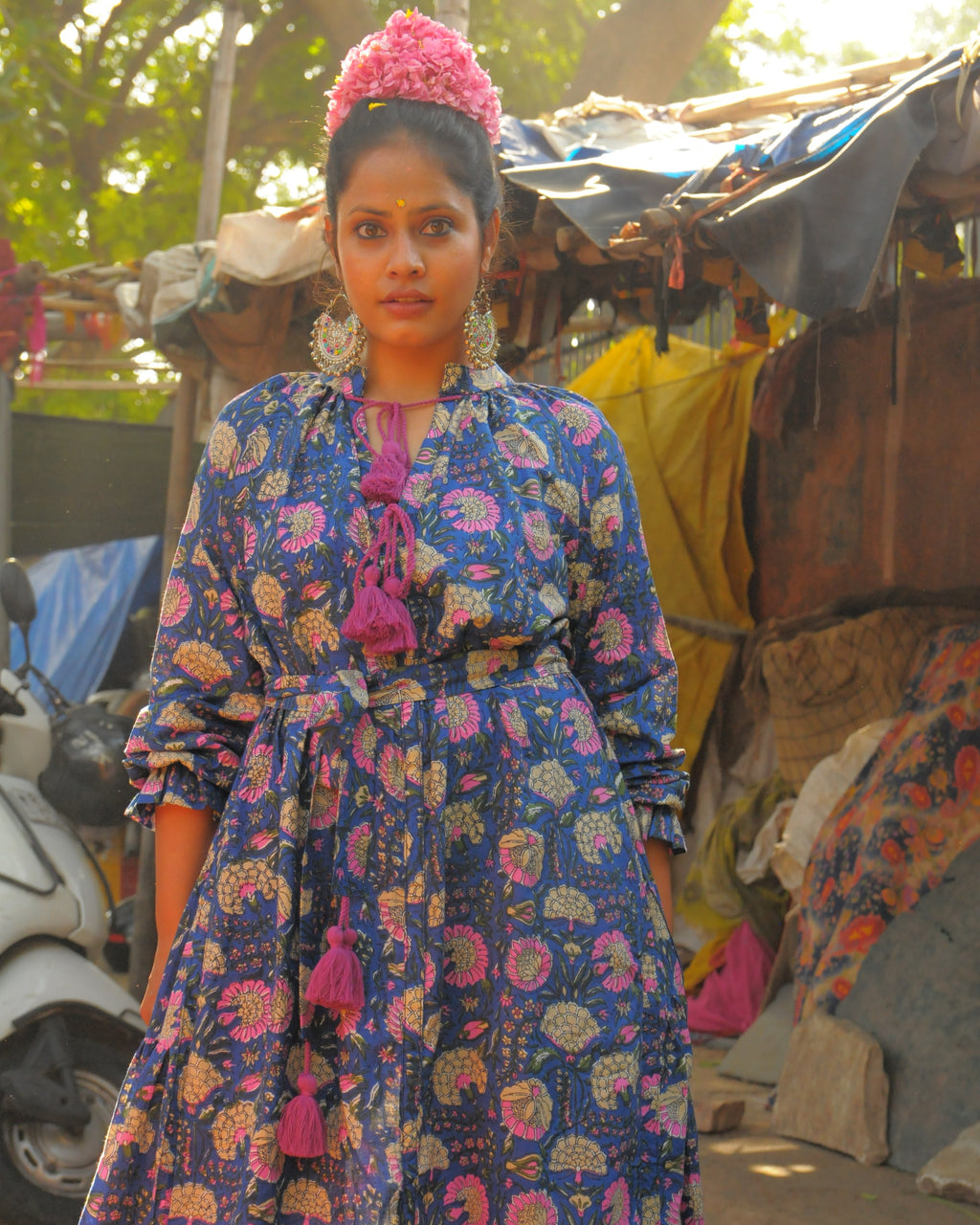 Jaipur Blossom Print With Pink - Purple Tassels