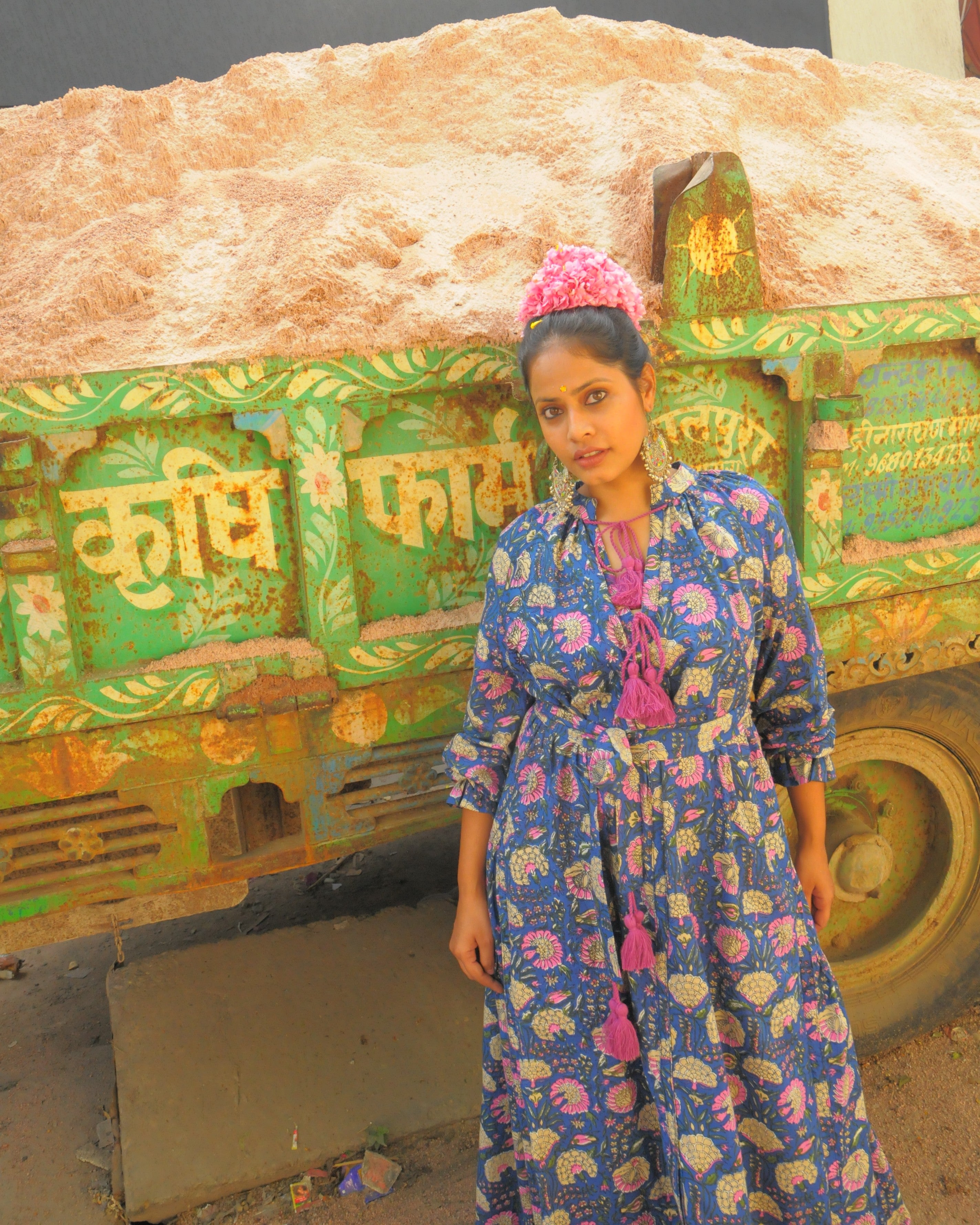 Jaipur Blossom Print With Pink - Purple Tassels