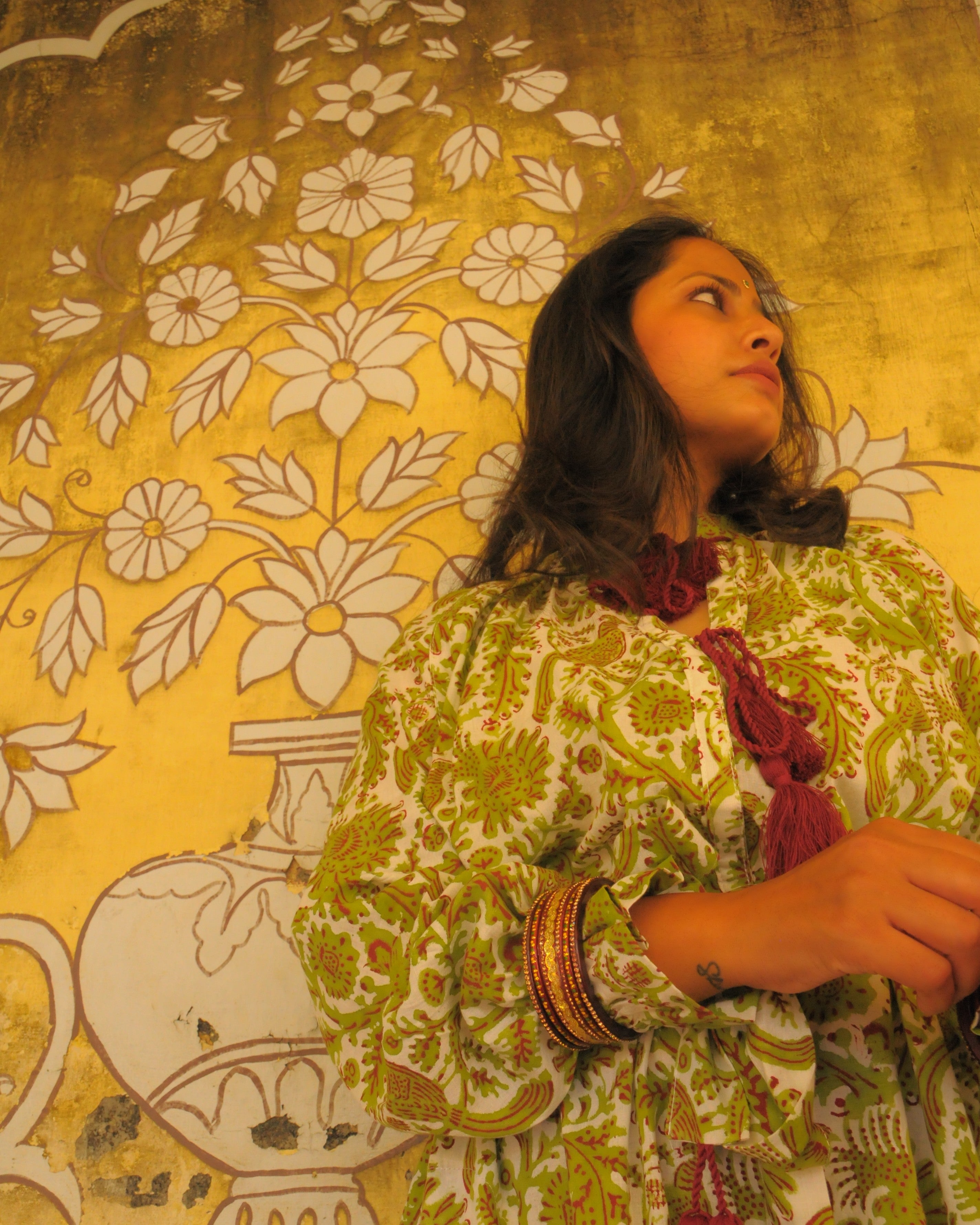 Peacock Palace Print With Burgandy Tassels