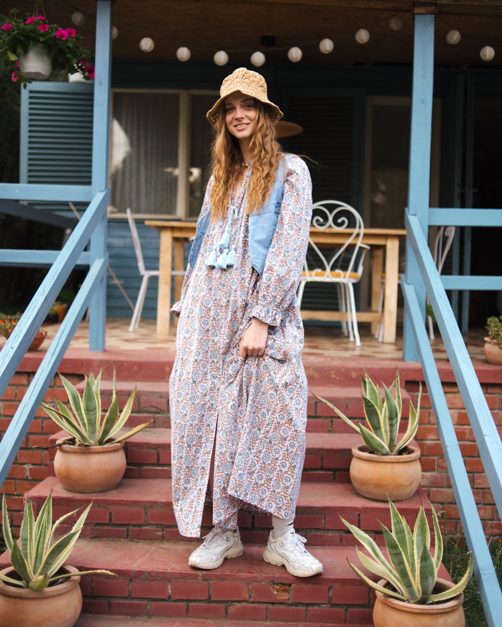 Maxi Kaftan in Dahlia Dreams Print With Baby Blue Tassels ~ PRE ORDER