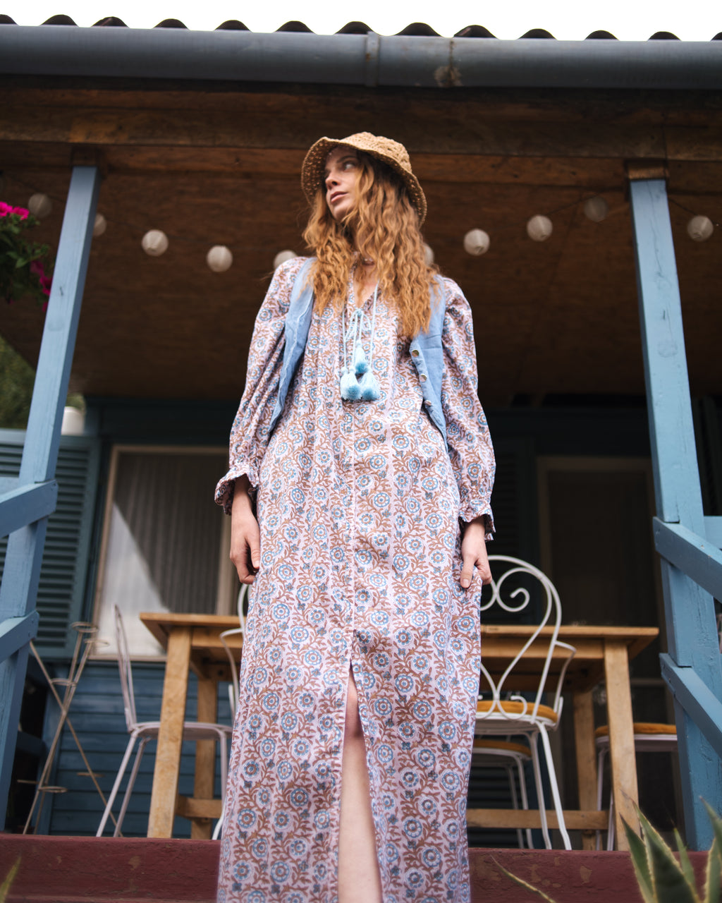 Maxi Kaftan in Dahlia Dreams Print With Baby Blue Tassels ~ PRE ORDER