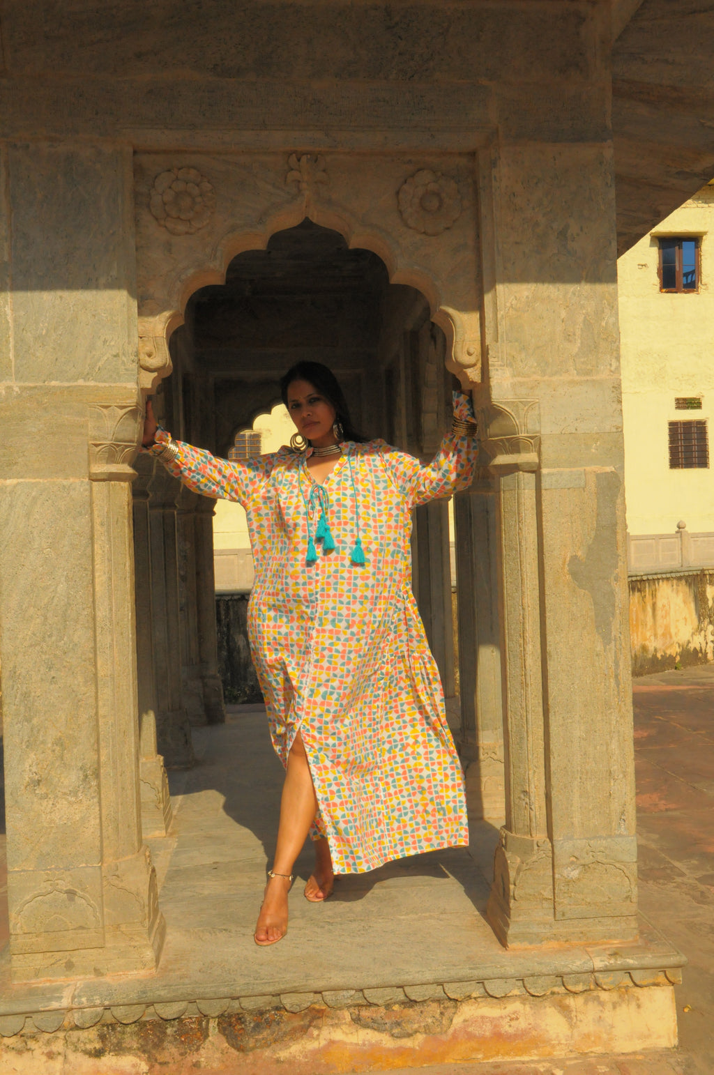 Rajasthani Retro Print With Turquoise Tassels