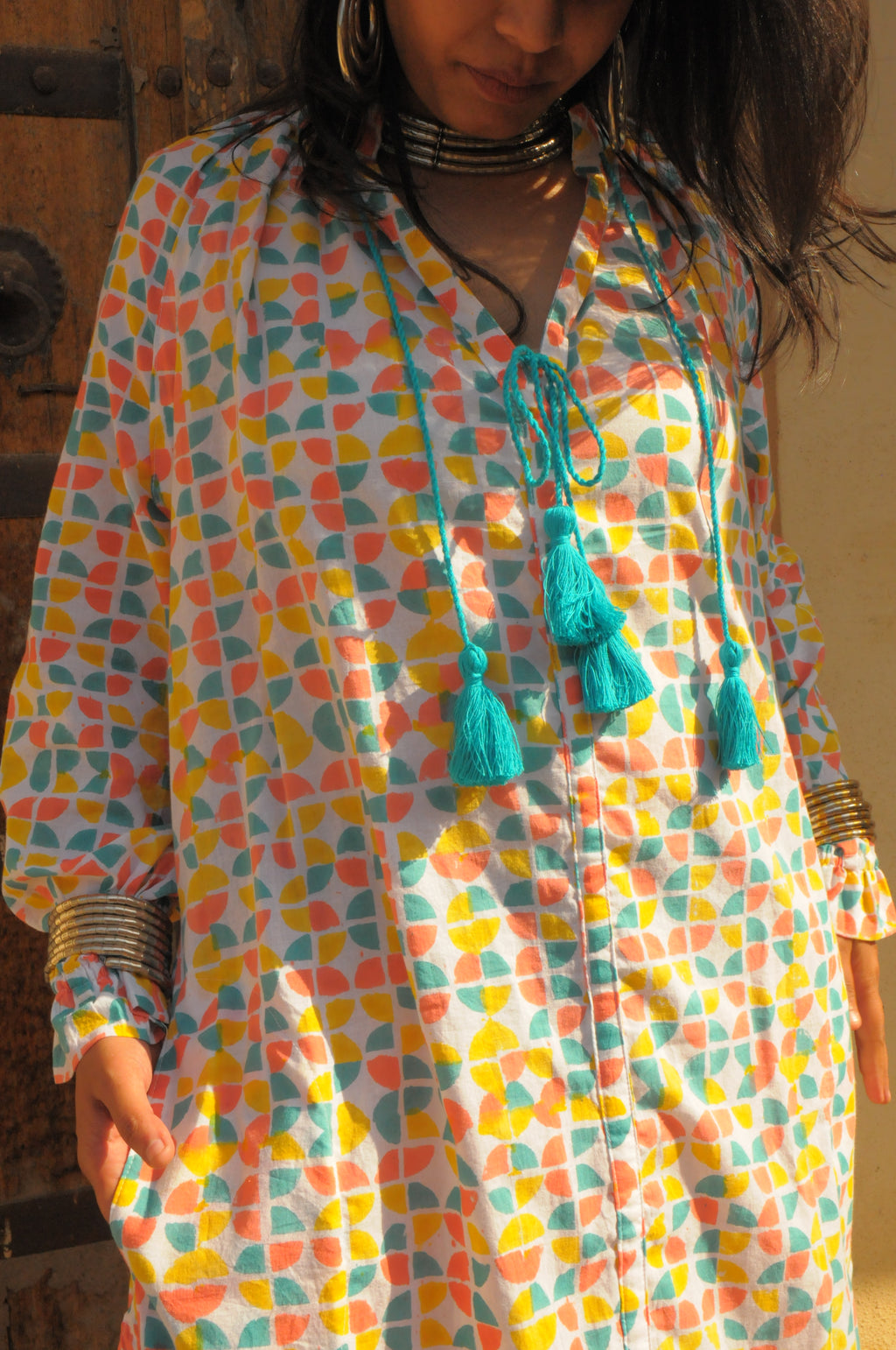 Rajasthani Retro Print With Turquoise Tassels