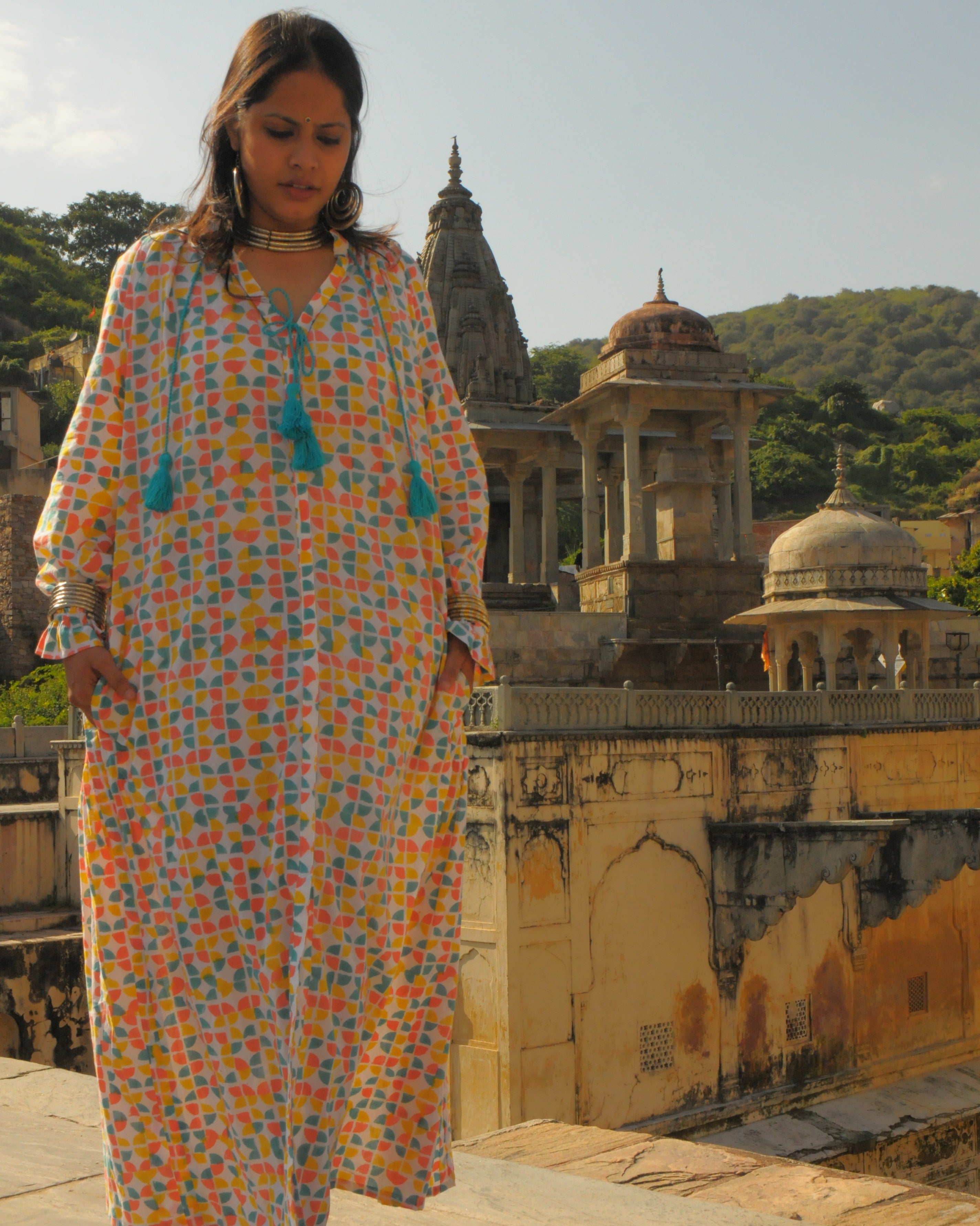 Rajasthani Retro Print With Turquoise Tassels