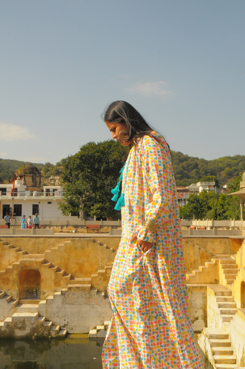 Rajasthani Retro Print With Turquoise Tassels