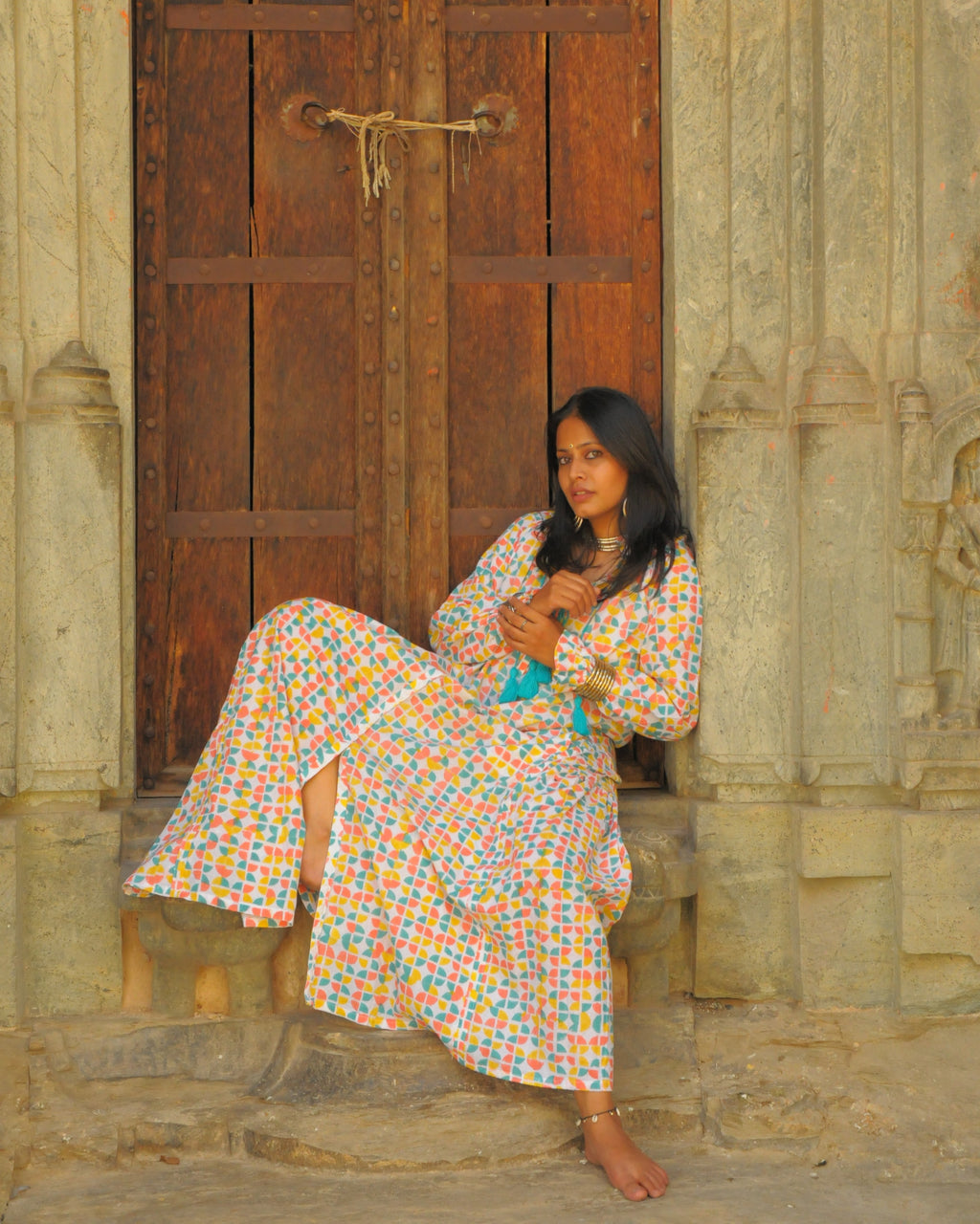 Rajasthani Retro Print With Turquoise Tassels