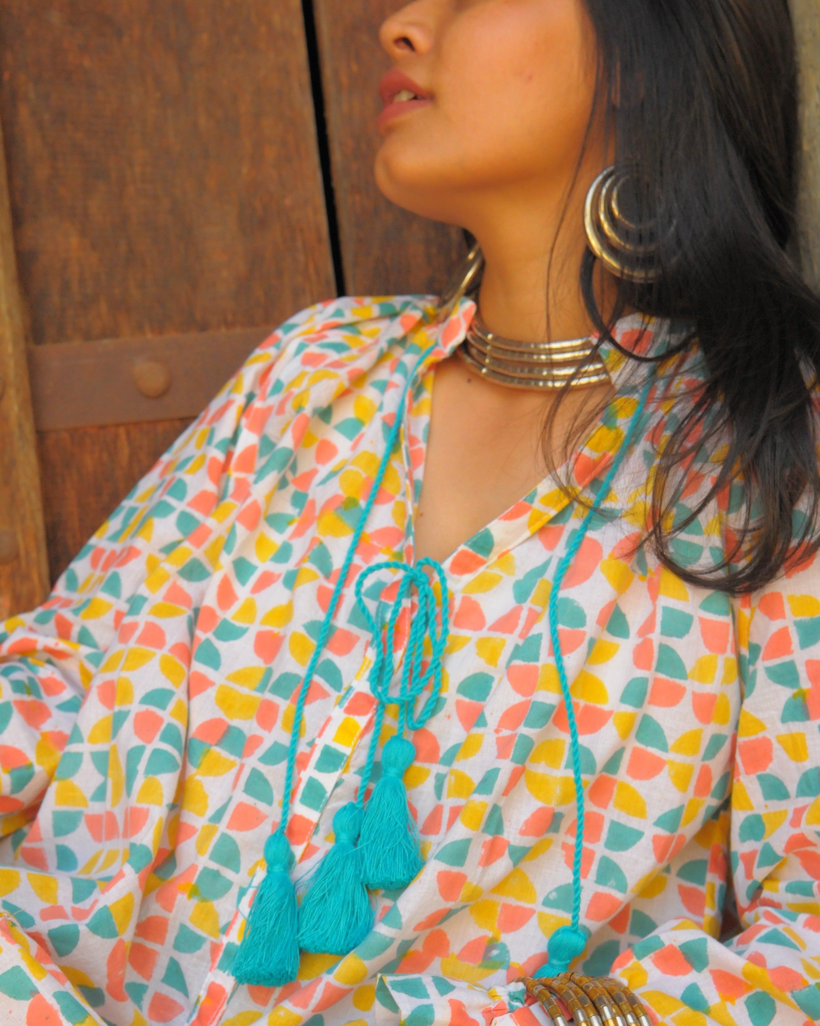 Rajasthani Retro Print With Turquoise Tassels