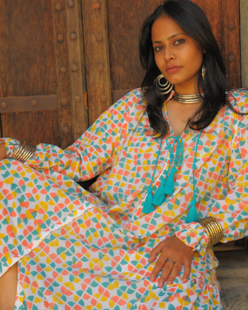 Rajasthani Retro Print With Turquoise Tassels