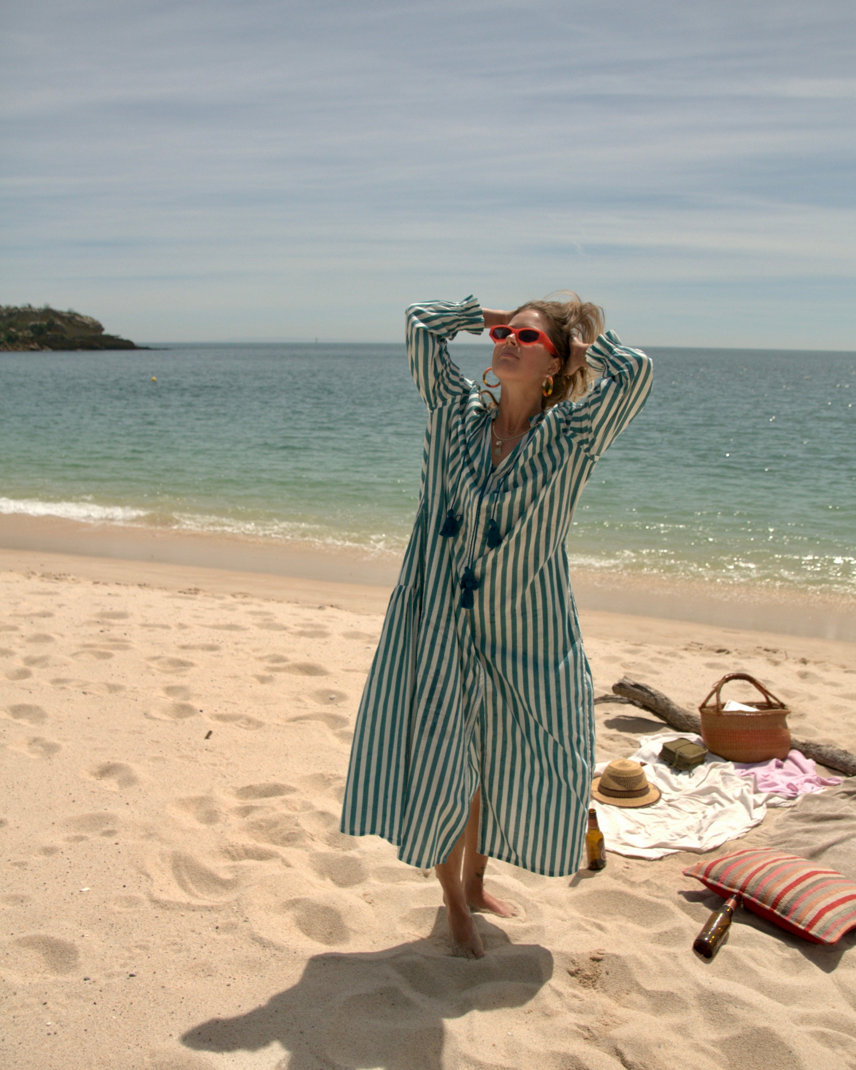 Maxi Kaftan in Sea Breeze Print With Teal Green Tassels - PRE ORDER