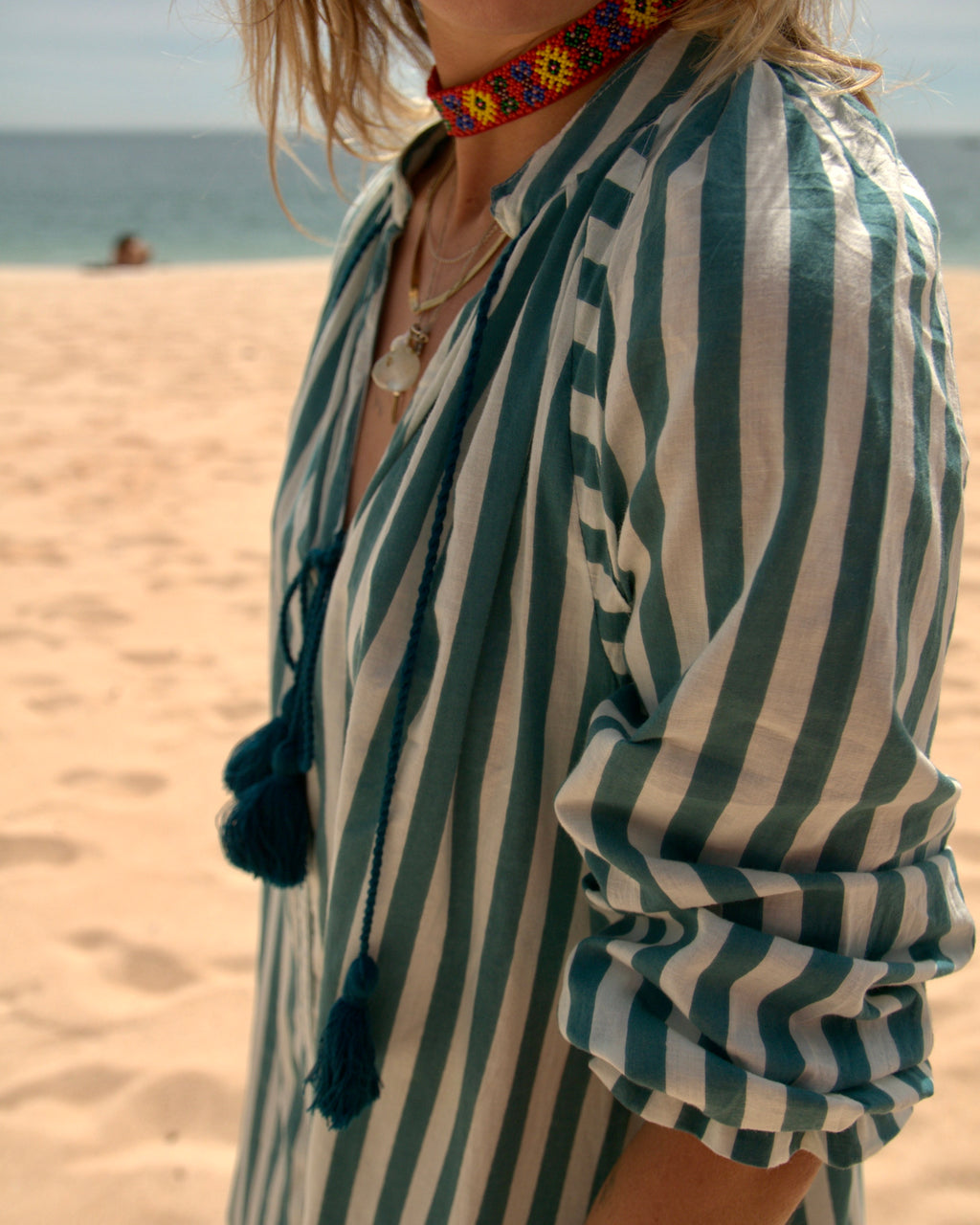 Maxi Kaftan in Sea Breeze Print With Teal Green Tassels - PRE ORDER