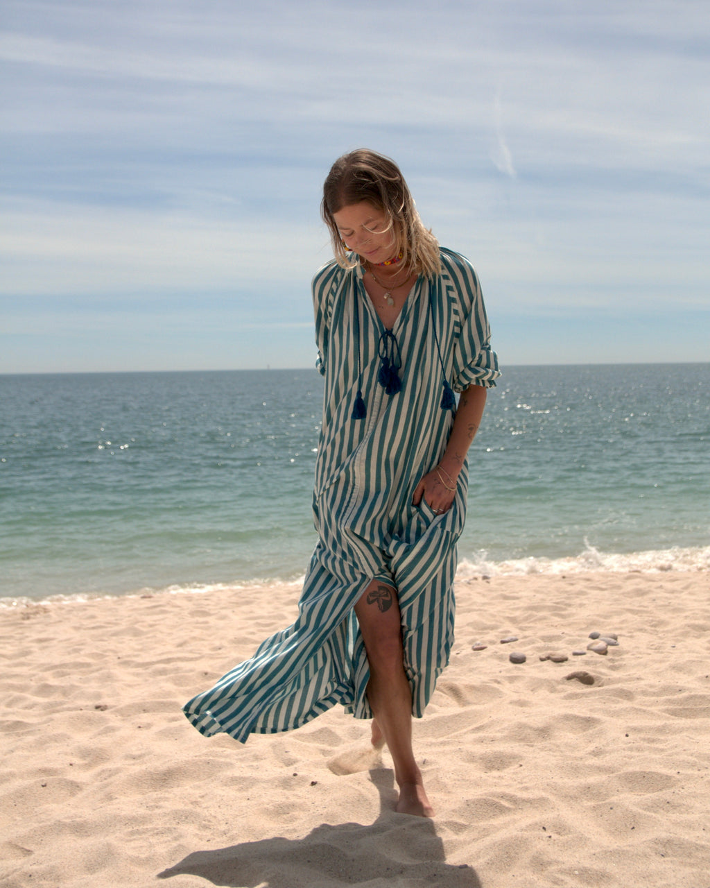Maxi Kaftan in Sea Breeze Print With Teal Green Tassels - PRE ORDER
