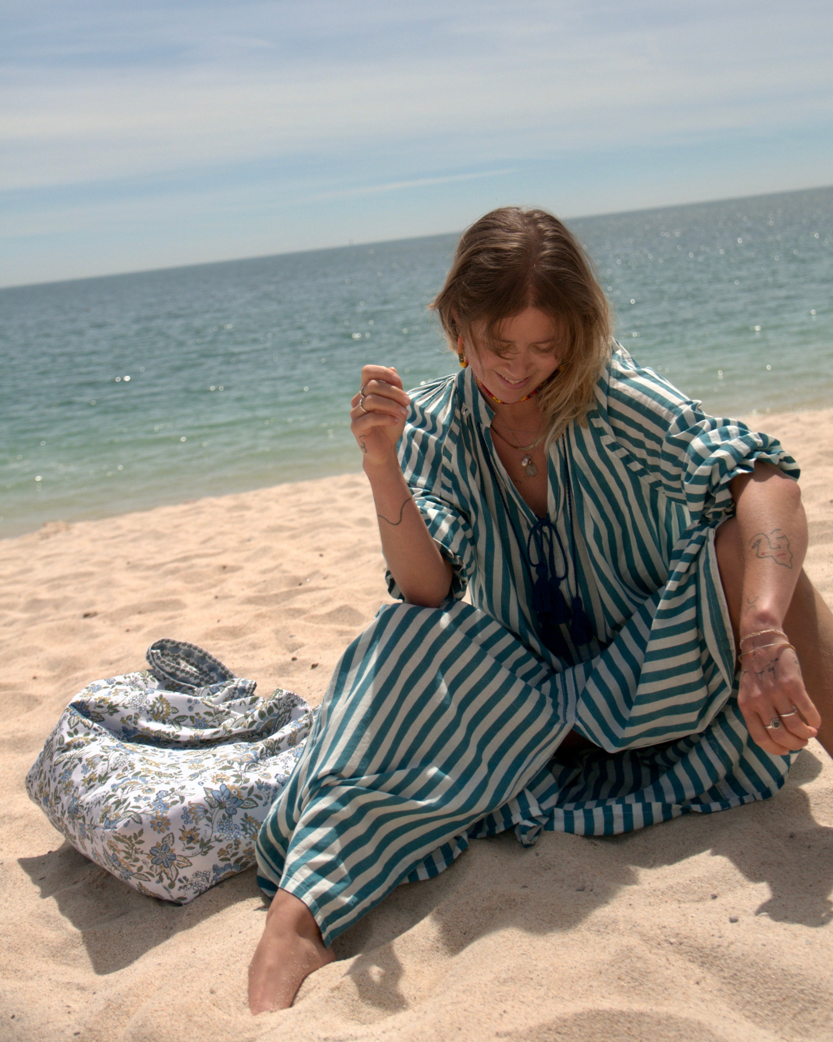 Maxi Kaftan in Sea Breeze Print With Teal Green Tassels - PRE ORDER