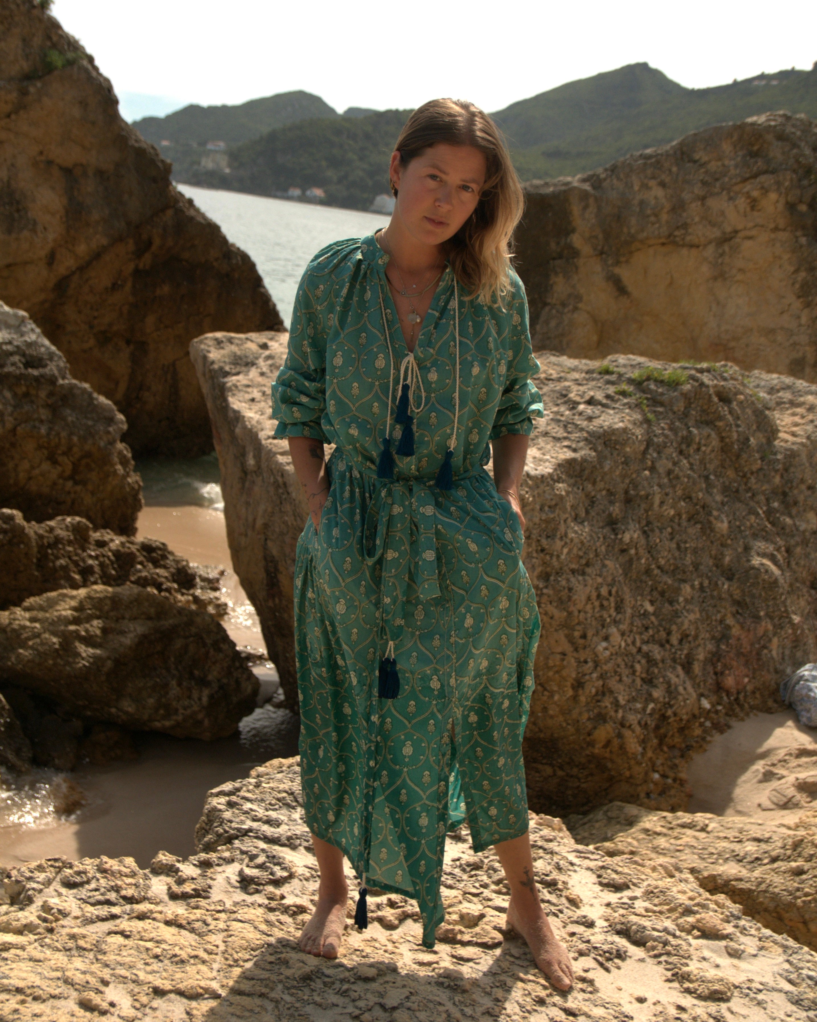 Maxi Kaftan in Blue Pearl Print With Teal Green and Cream Tassels - PRE ORDER