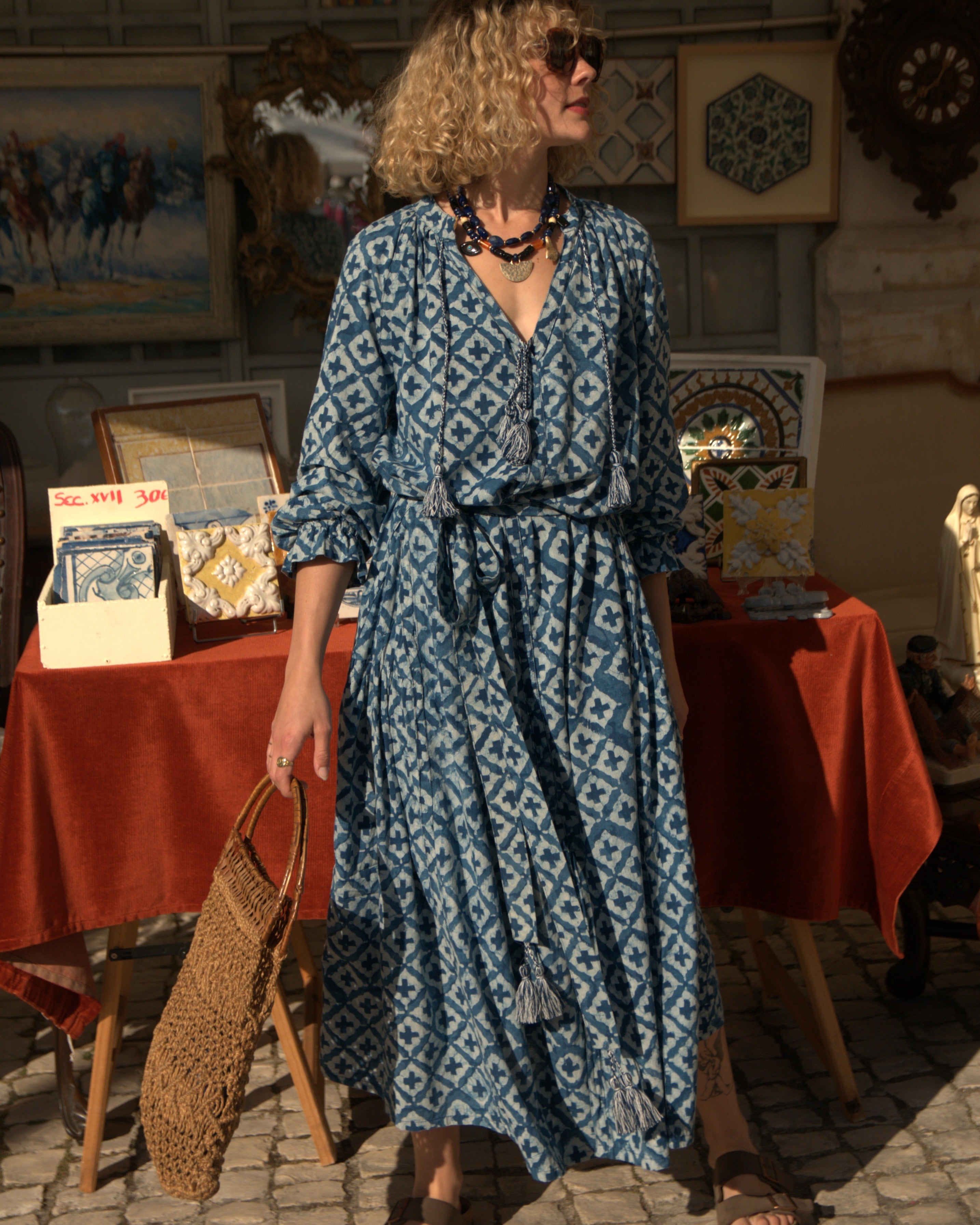 Maxi Kaftan in Indigo Tiles Print With White and Blue Mix Tassels - PRE ORDER