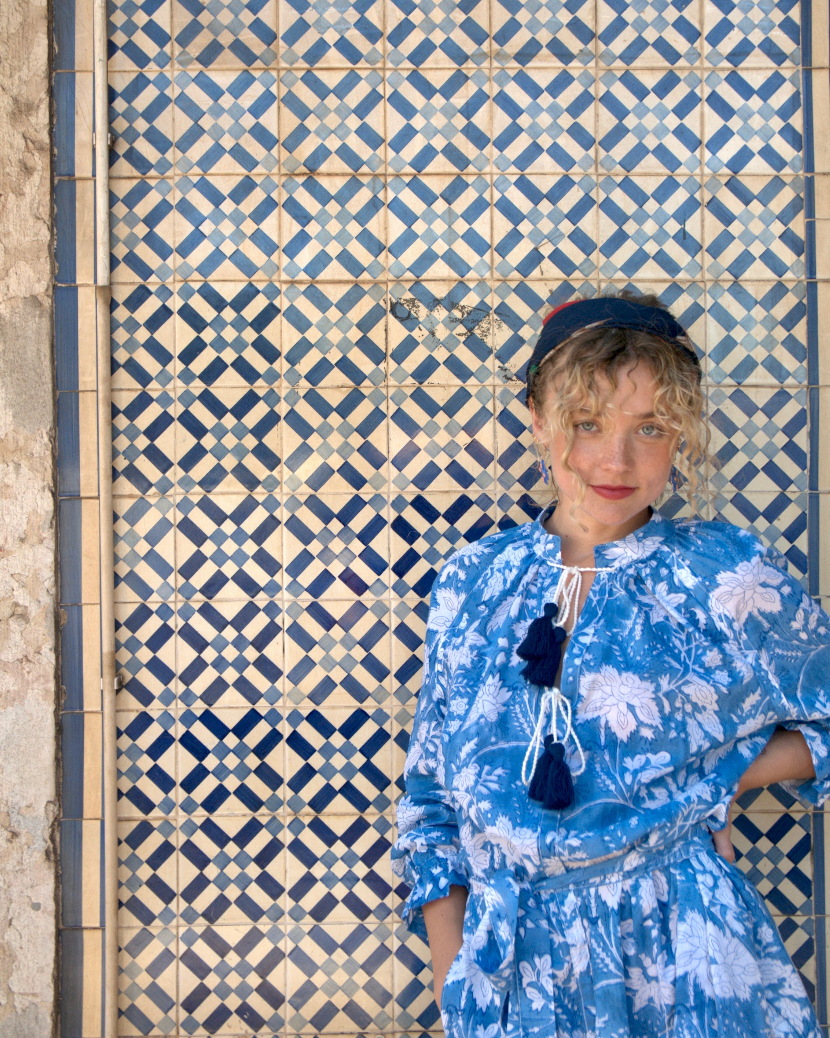 Maxi Kaftan in Blue Sky Print With White and Blue Tassels - PRE ORDER