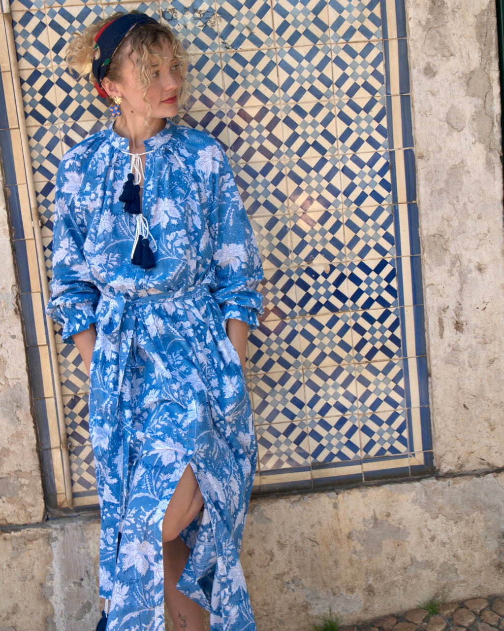 Maxi Kaftan in Blue Sky Print With White and Blue Tassels - PRE ORDER