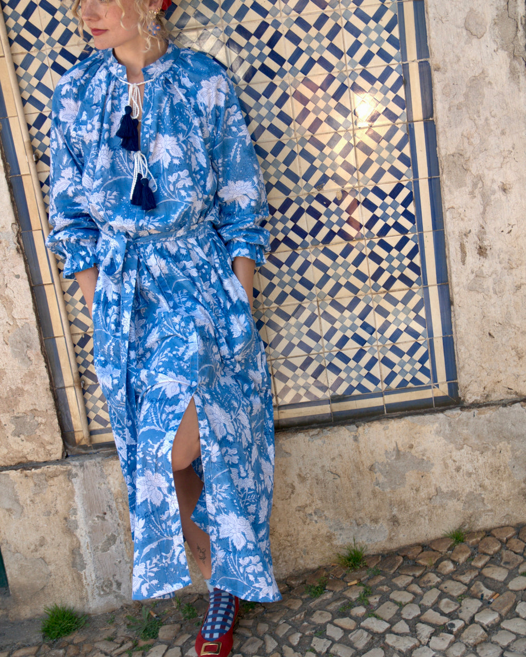 Maxi Kaftan in Blue Sky Print With White and Blue Tassels - PRE ORDER