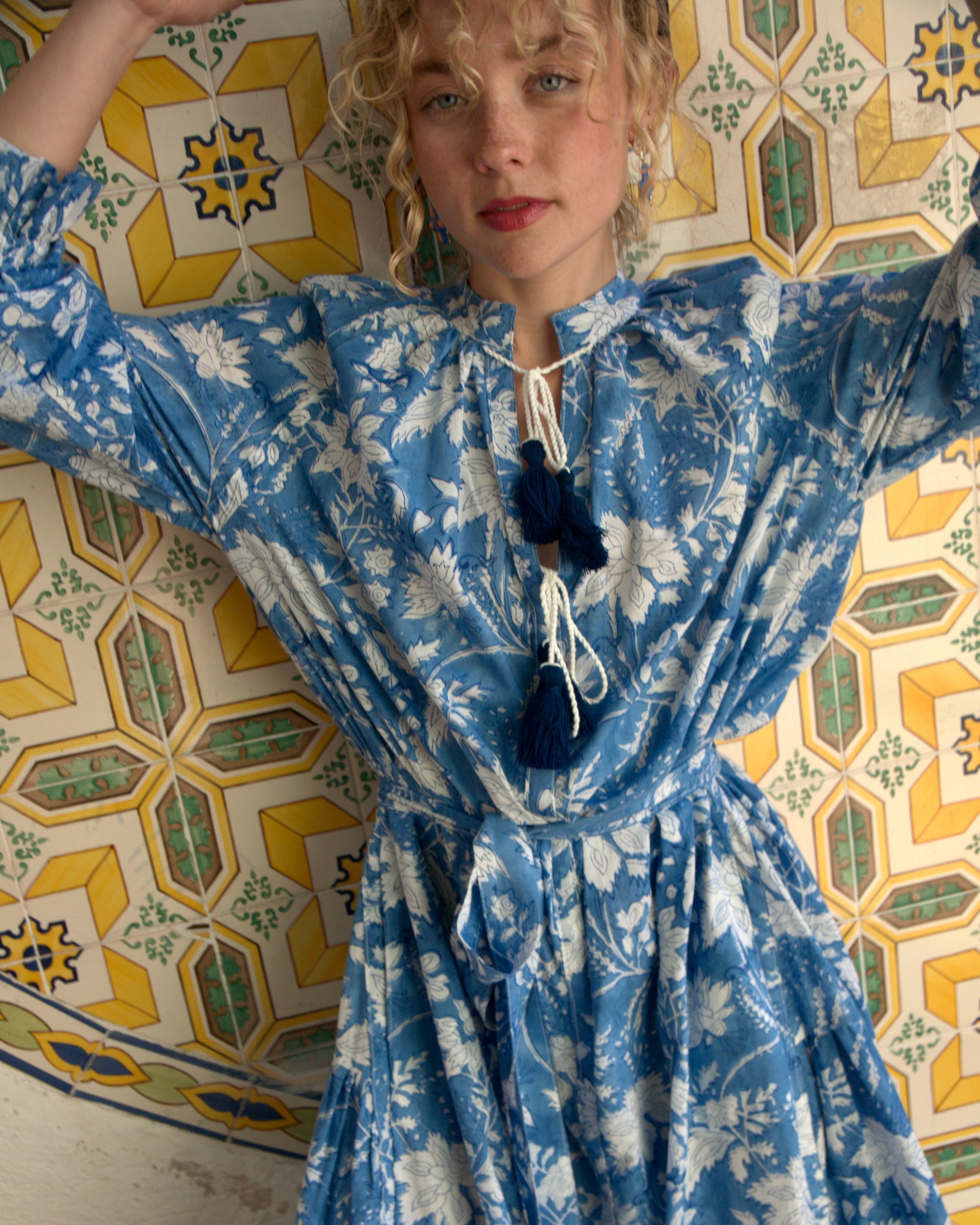 Maxi Kaftan in Blue Sky Print With White and Blue Tassels - PRE ORDER
