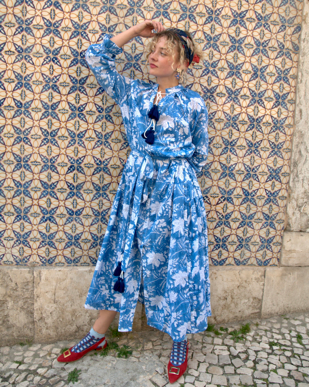 Maxi Kaftan in Blue Sky Print With White and Blue Tassels - PRE ORDER