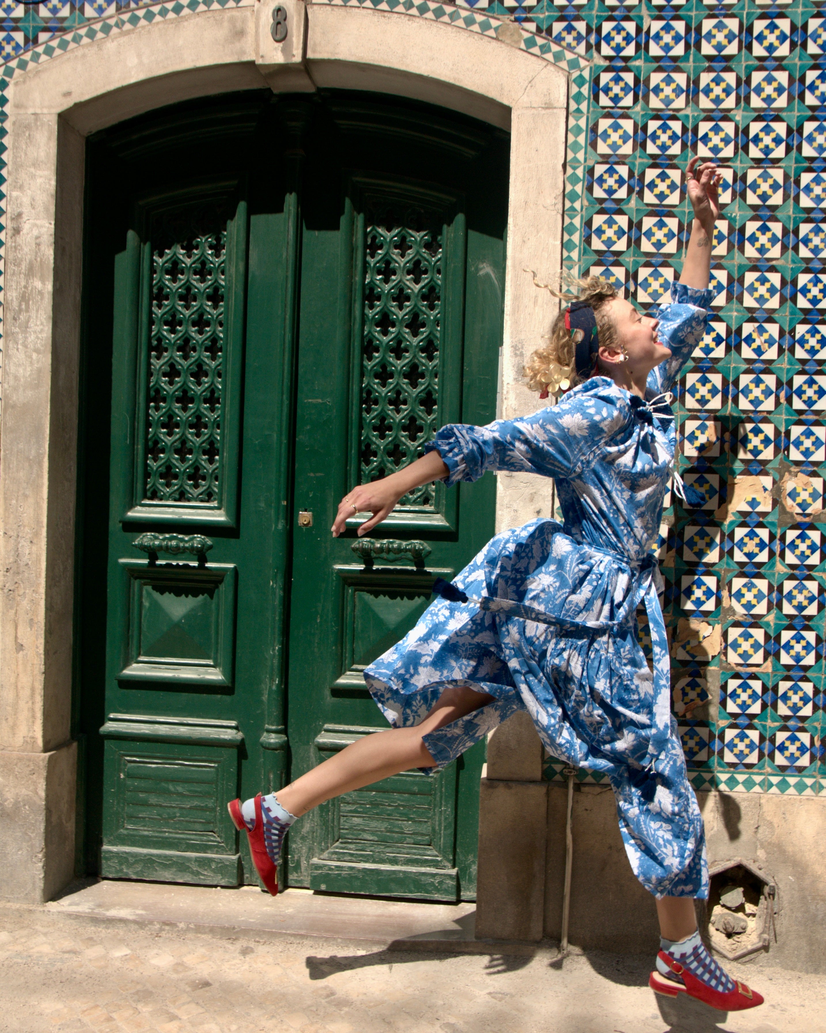 Maxi Kaftan in Blue Sky Print With White and Blue Tassels - PRE ORDER