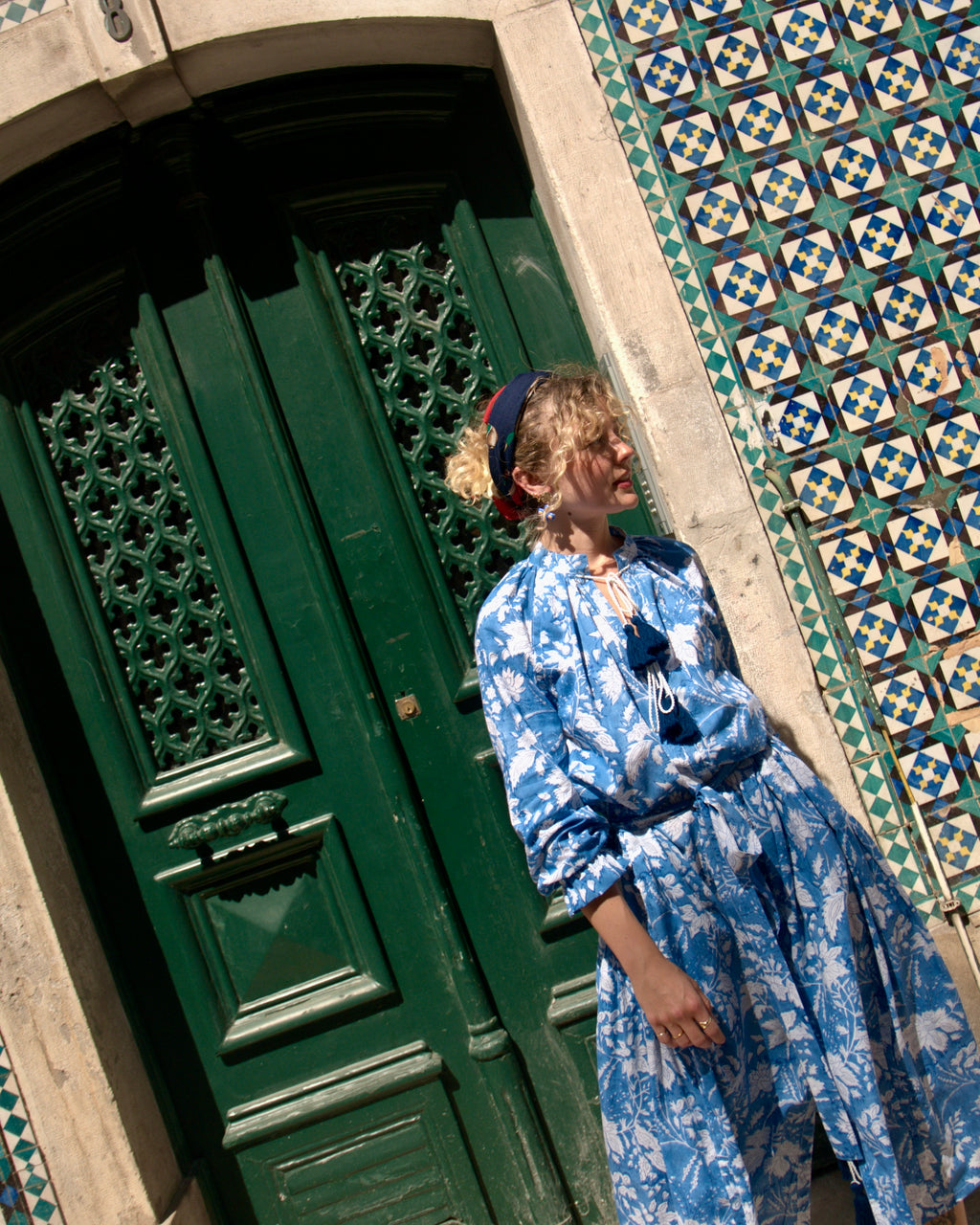 Maxi Kaftan in Blue Sky Print With White and Blue Tassels - PRE ORDER