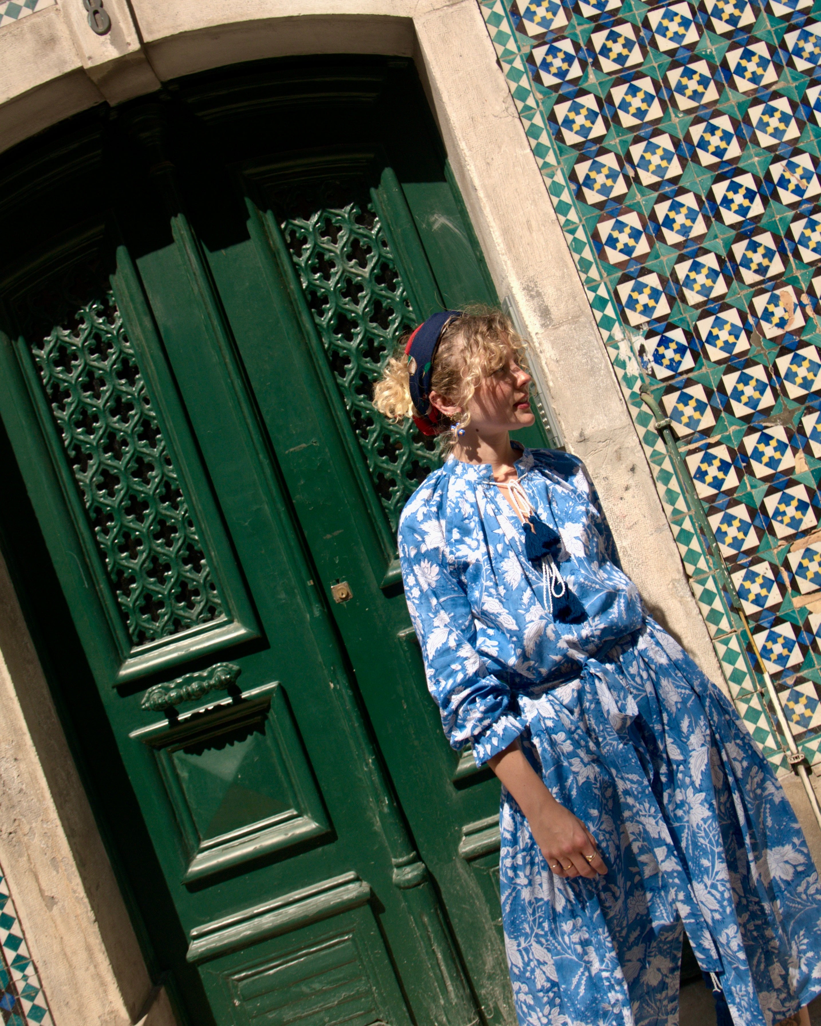 Maxi Kaftan in Blue Sky Print With White and Blue Tassels - PRE ORDER