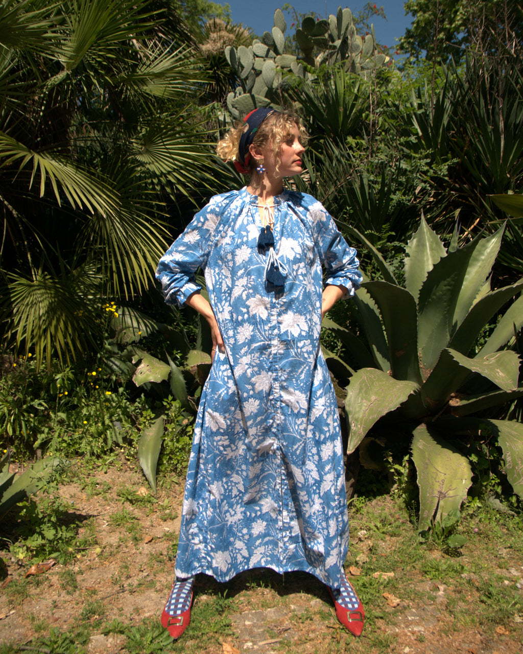 Maxi Kaftan in Blue Sky Print With White and Blue Tassels - PRE ORDER