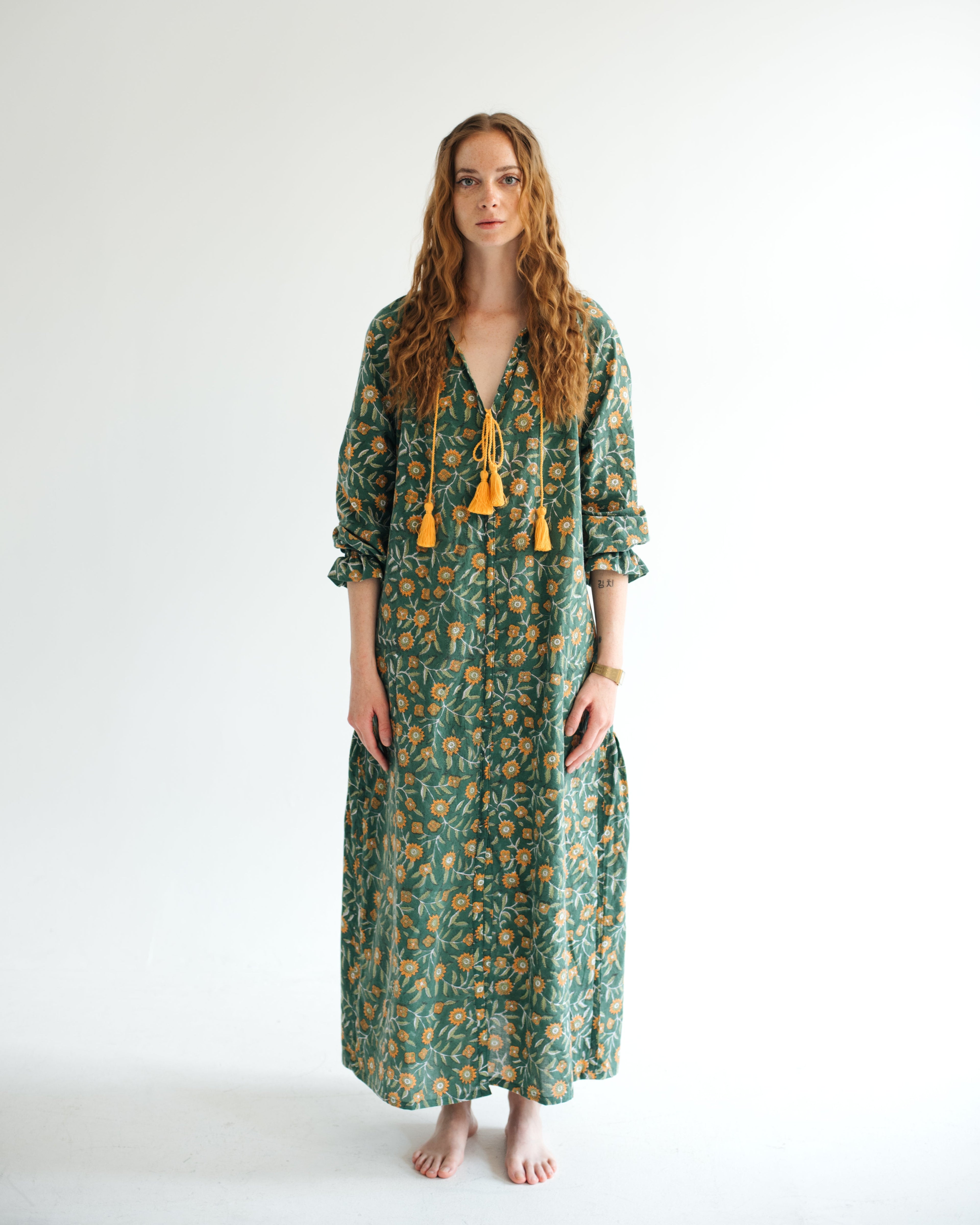 Block Print Maxi Dress Summer Green