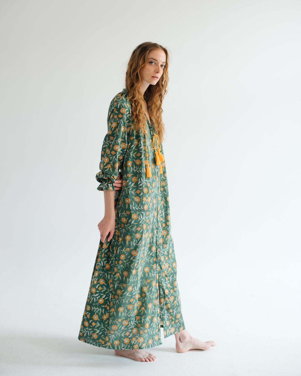 Block Print Maxi Dress Summer Green Kaftan