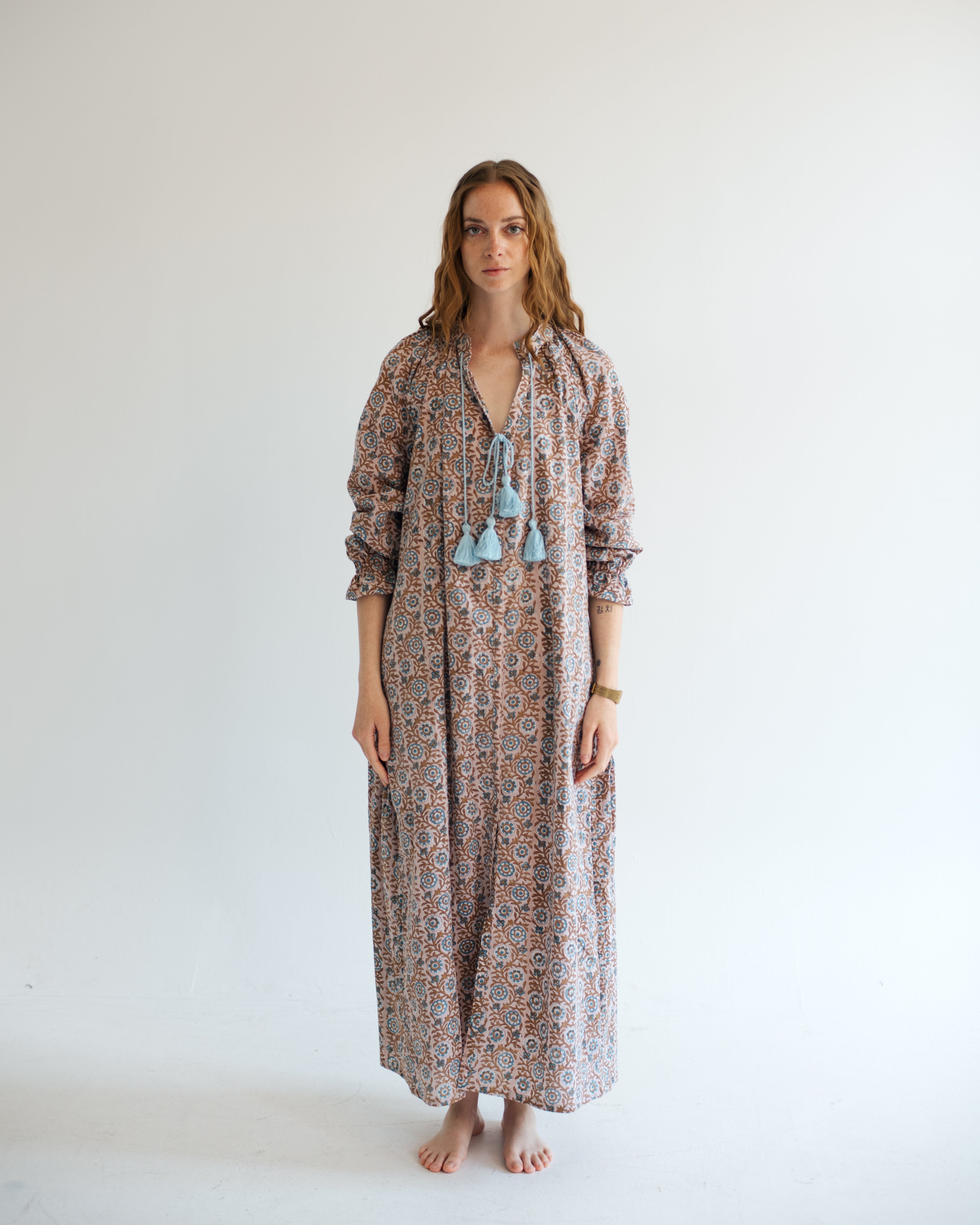 Maxi Kaftan in Dahlia Dreams Print With Baby Blue Tassels ~ PRE ORDER