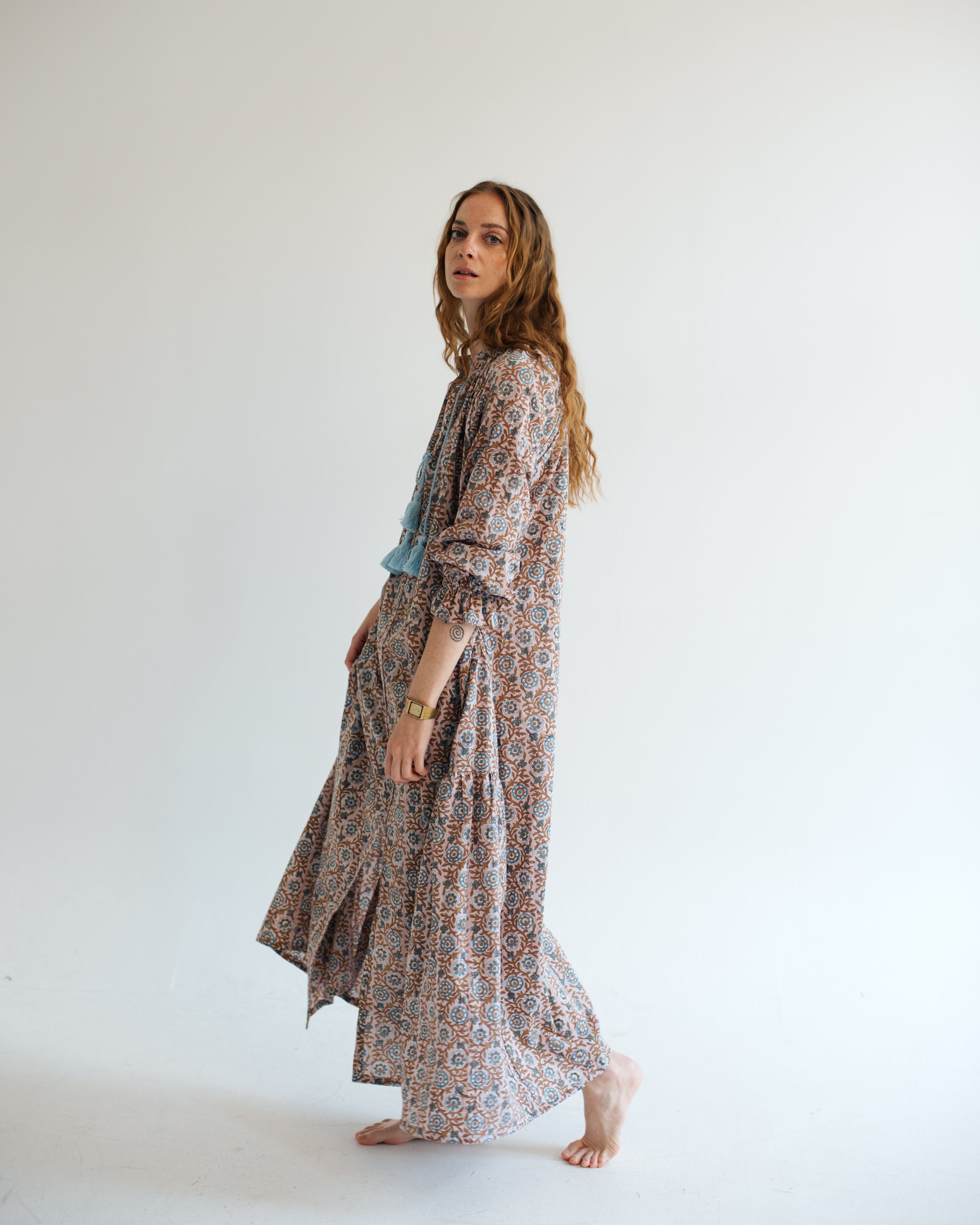 Maxi Kaftan in Dahlia Dreams Print With Baby Blue Tassels ~ PRE ORDER