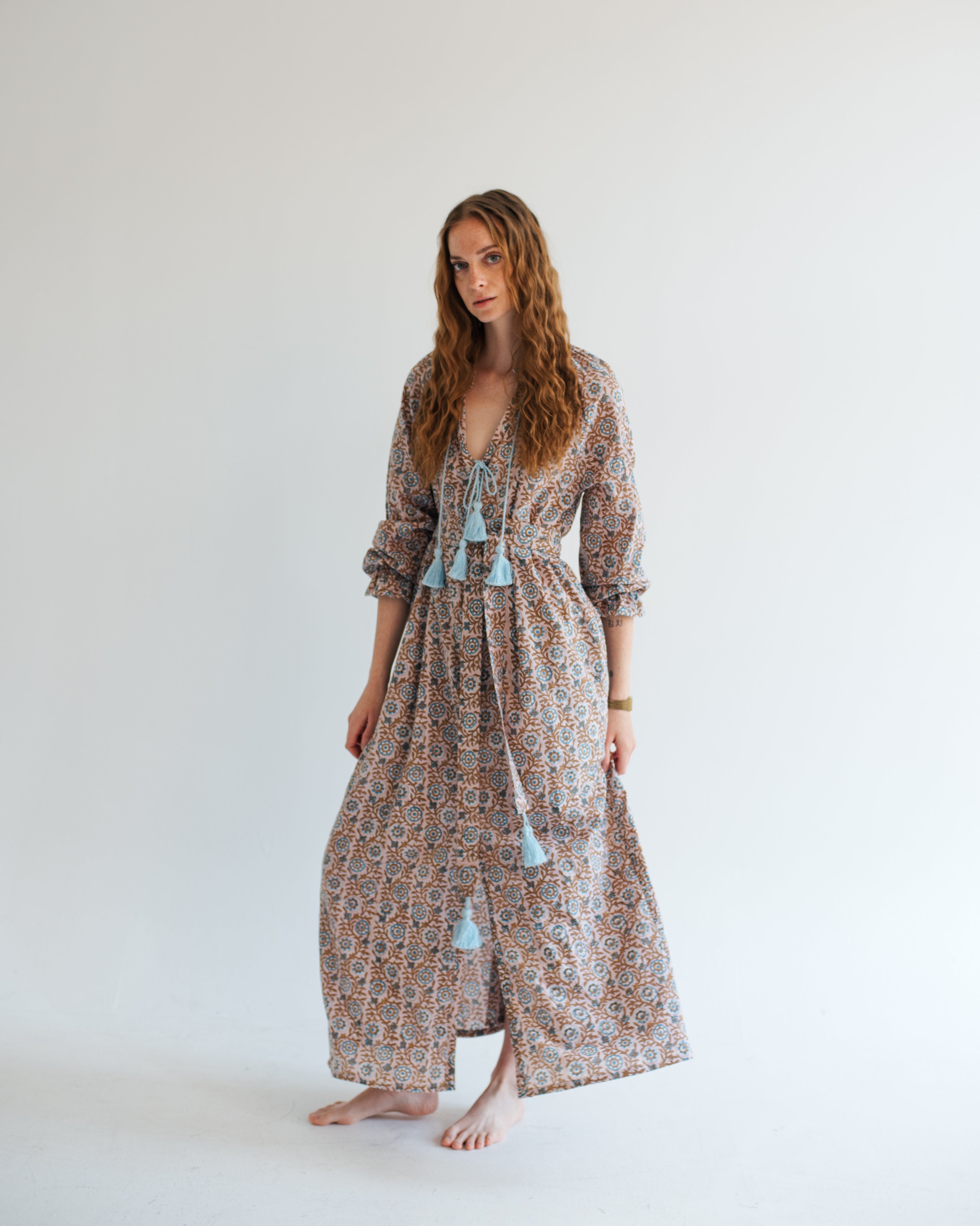 Maxi Kaftan in Dahlia Dreams Print With Baby Blue Tassels ~ PRE ORDER
