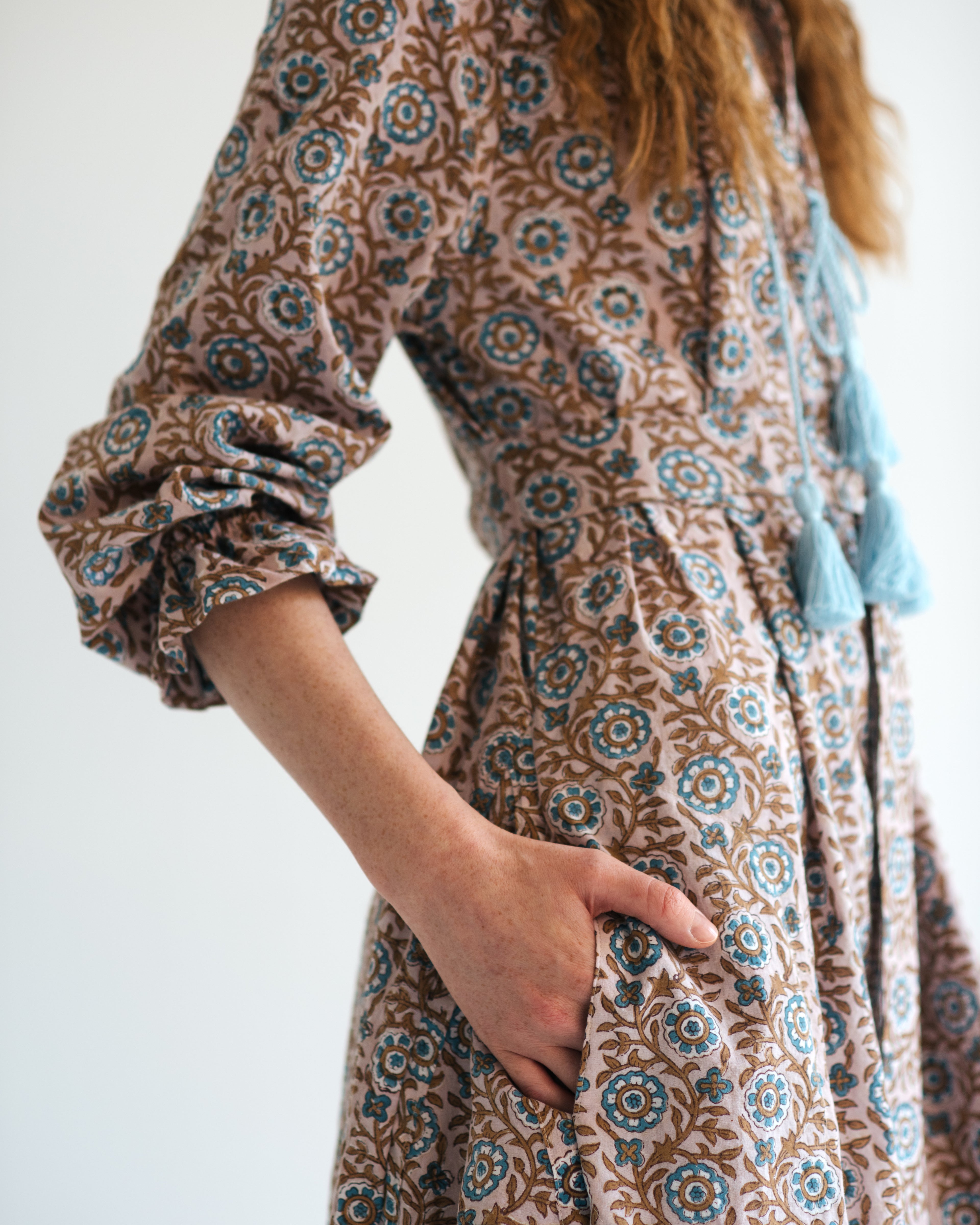Maxi Kaftan in Dahlia Dreams Print With Baby Blue Tassels ~ PRE ORDER