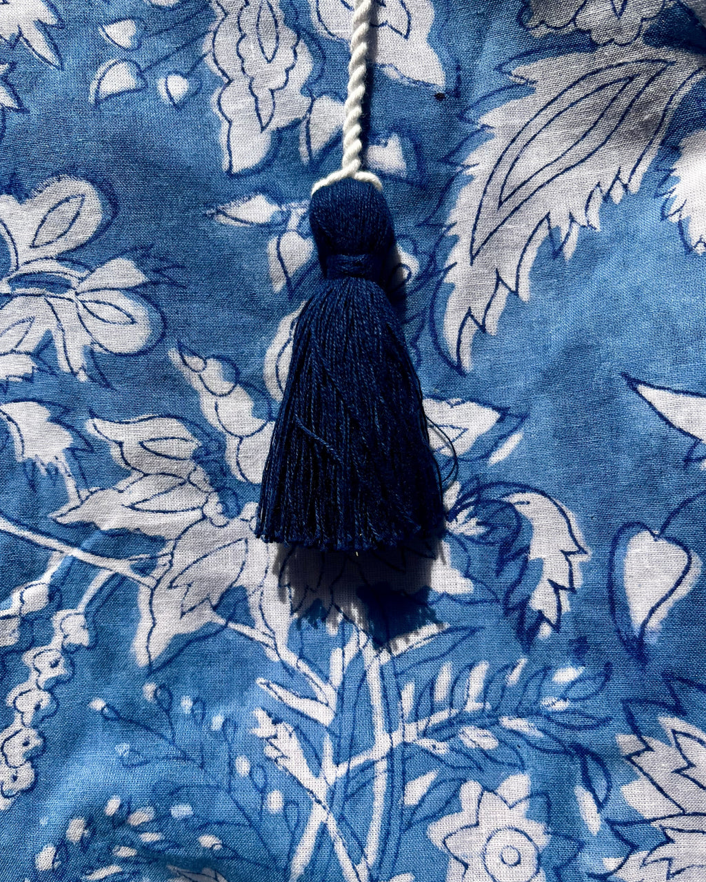 Maxi Kaftan in Blue Sky Print With White and Blue Tassels - PRE ORDER