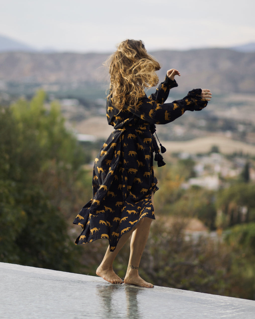 Maxi Kaftan in Black Pantha Print With Black Tassels - PRE ORDER