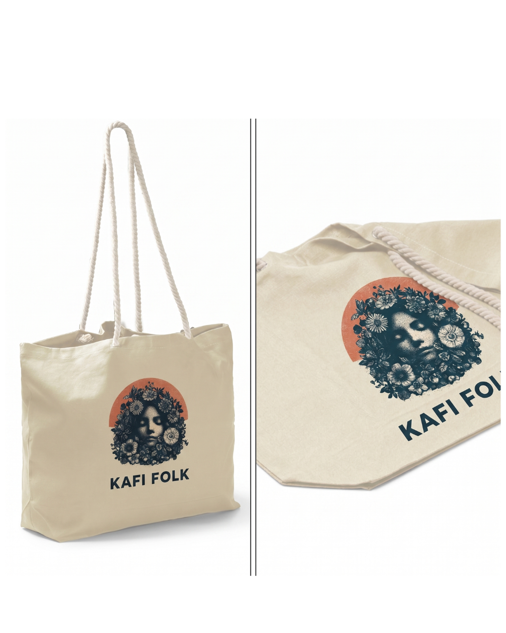 Beige tote bag with 'Kafi Folk' logo on a white background