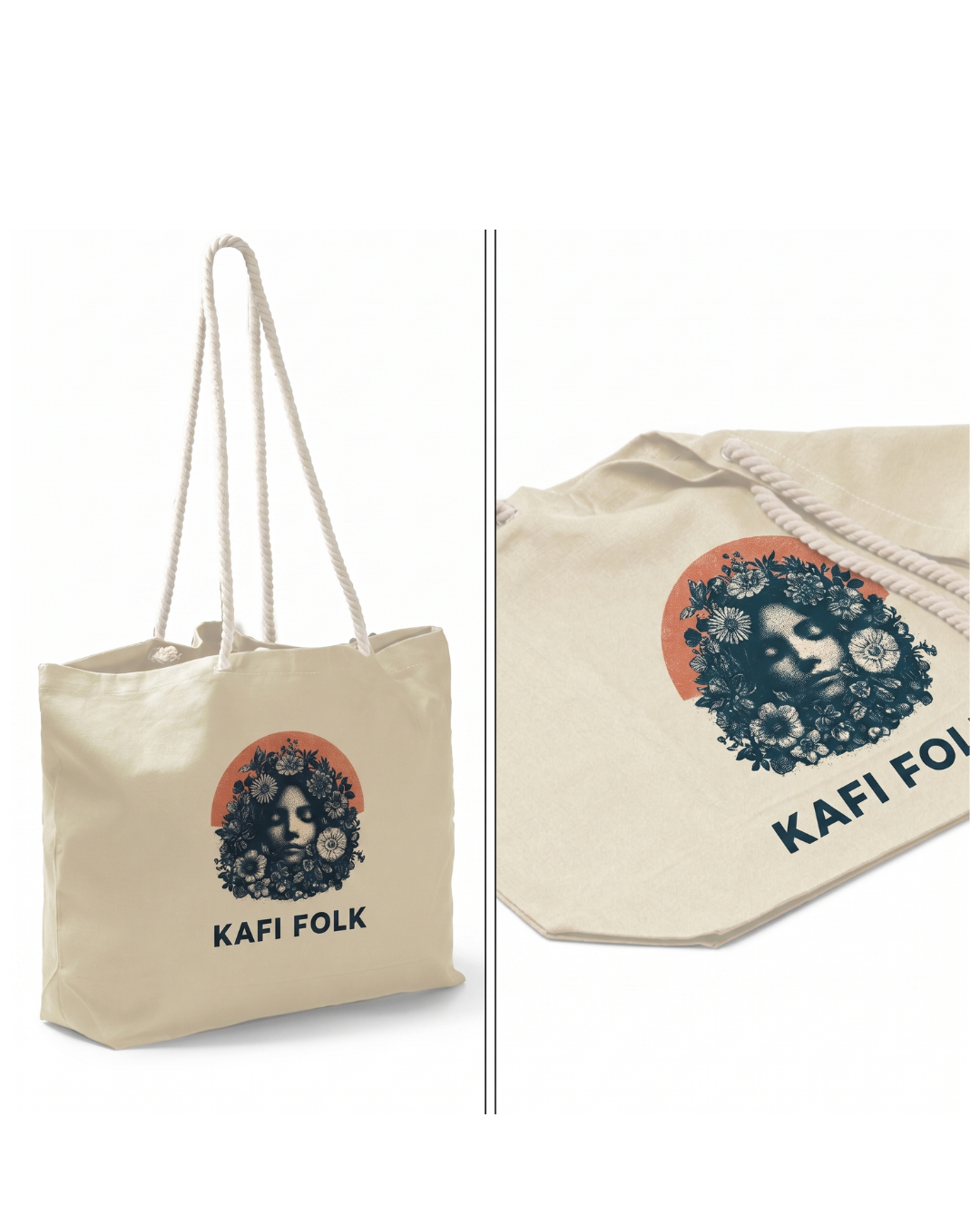 Beige tote bag with 'Kafi Folk' logo on a white background
