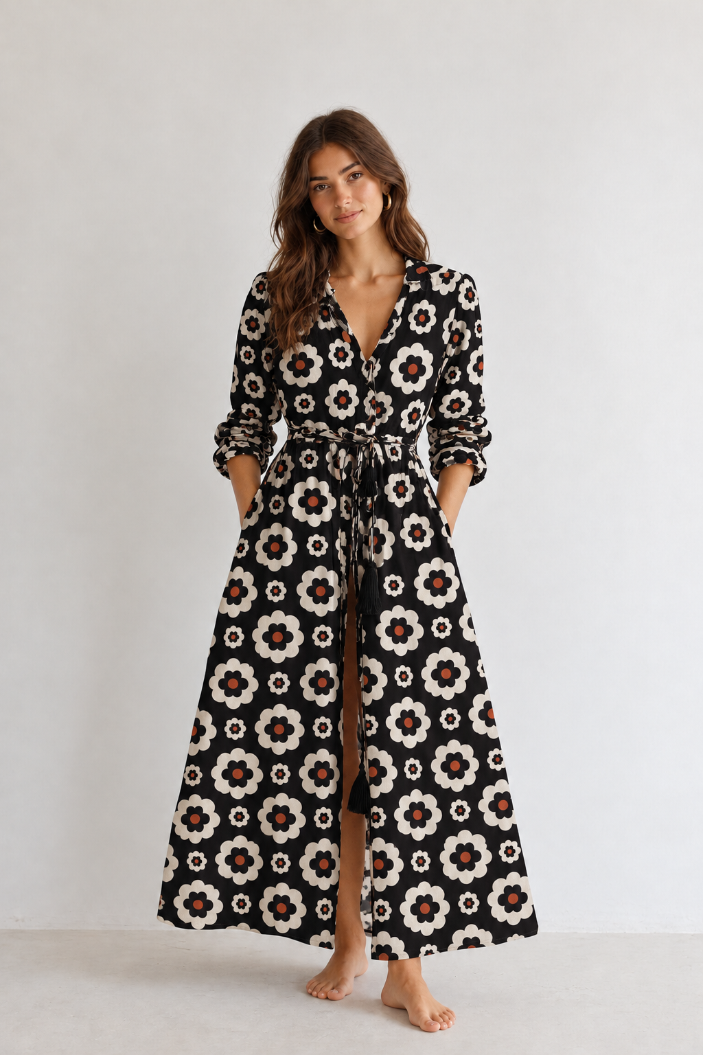 Maxi Kaftan in Black Daisy with Black Tassels - PRE ORDER