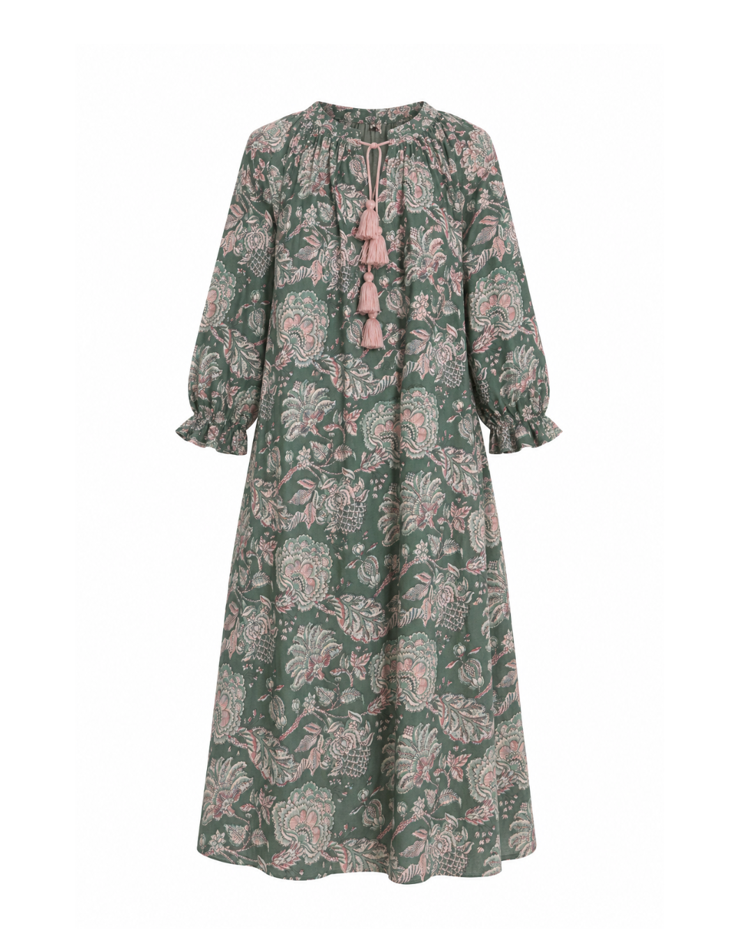 Maxi Kaftan in Antique Emerald With Dusty Pink Tassels