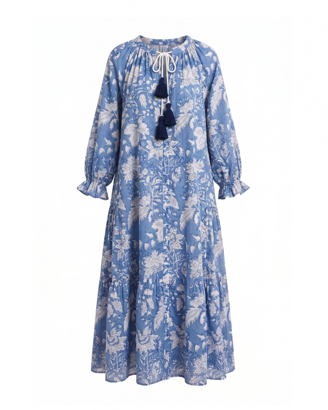 Maxi Kaftan in Blue Sky Print With White and Blue Tassels - PRE ORDER