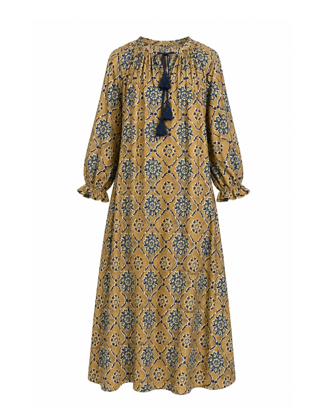Maxi Kaftan in Golden Geometry With Dark Blue Tassels