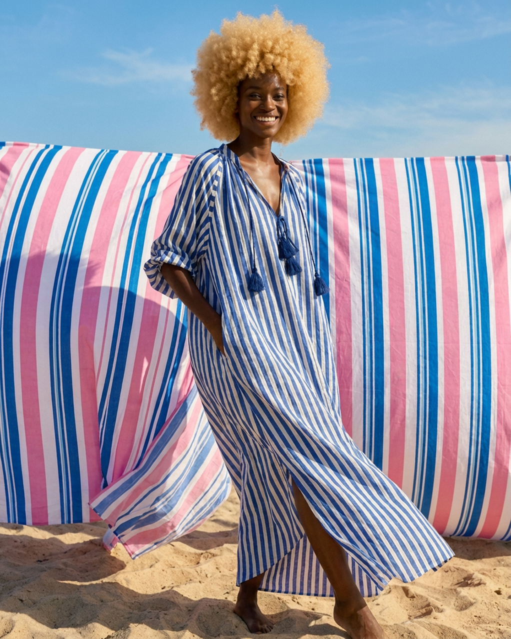 Maxi Kaftan in Capri Coast Print With Dark Blue Tassels - PRE ORDER